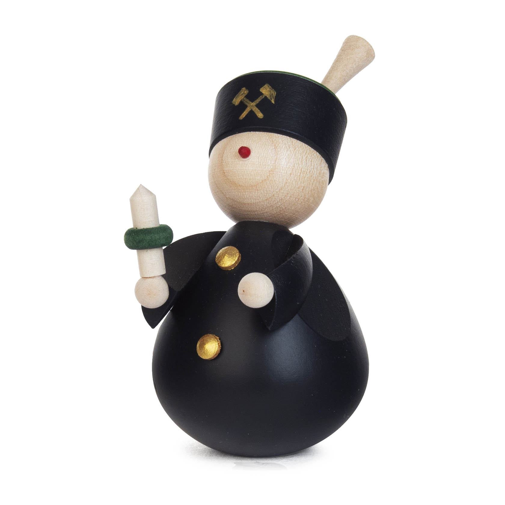 Farbig gestaltete Holzfigur eines Lichterbergmannes mit rundem Bauch, schwarzer Uniform, goldenen Knöpfen und einem kleinen Hut. Er hält ein Licht in der Hand.