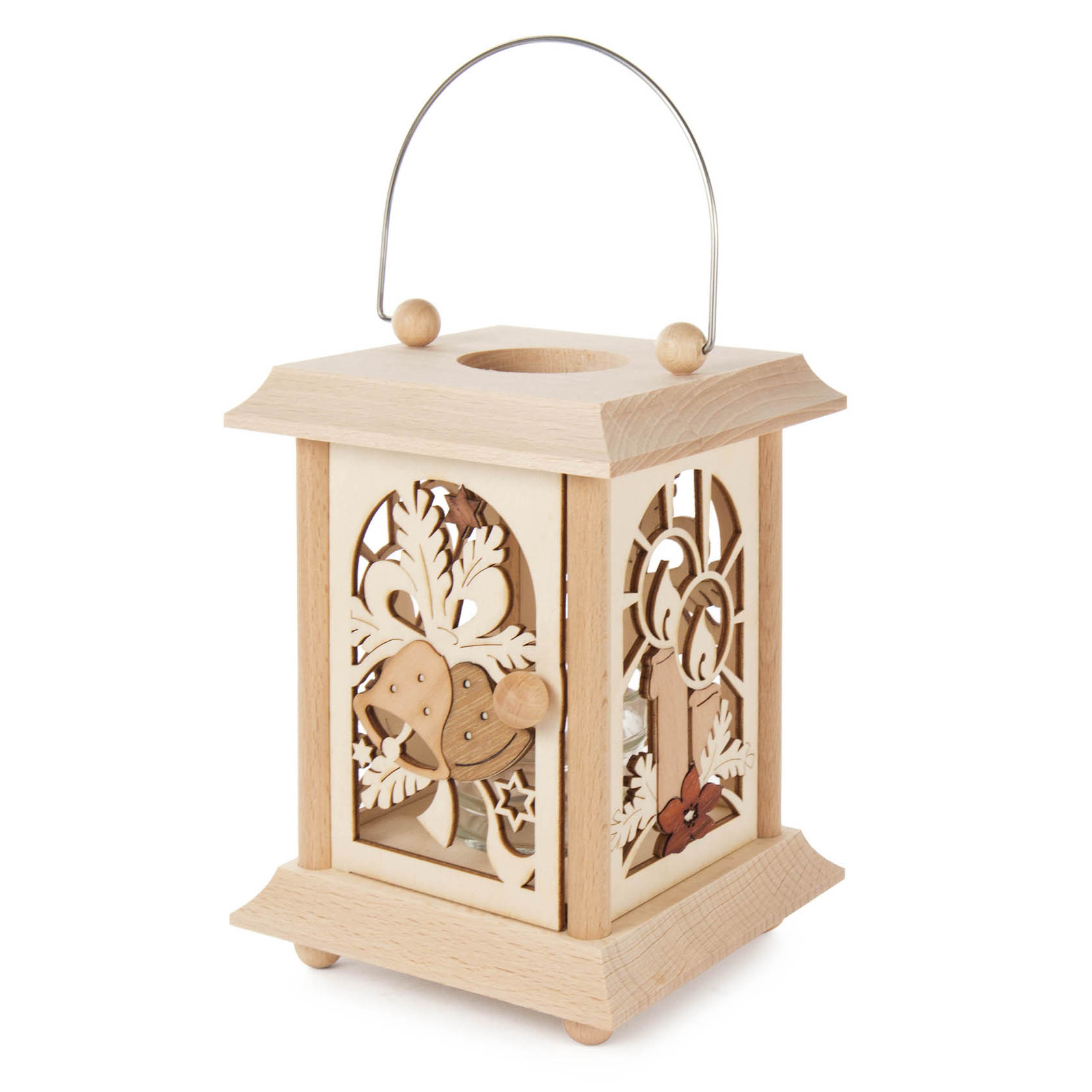 Dekorative Holztischlaterne mit ausgeschnittenen Weihnachtsmotiven und Glaseinsatz für Teelicht oder Votivkerze. Verziert mit Glocken und grünem Blattwerk. im Dregeno Online Shop günstig kaufen