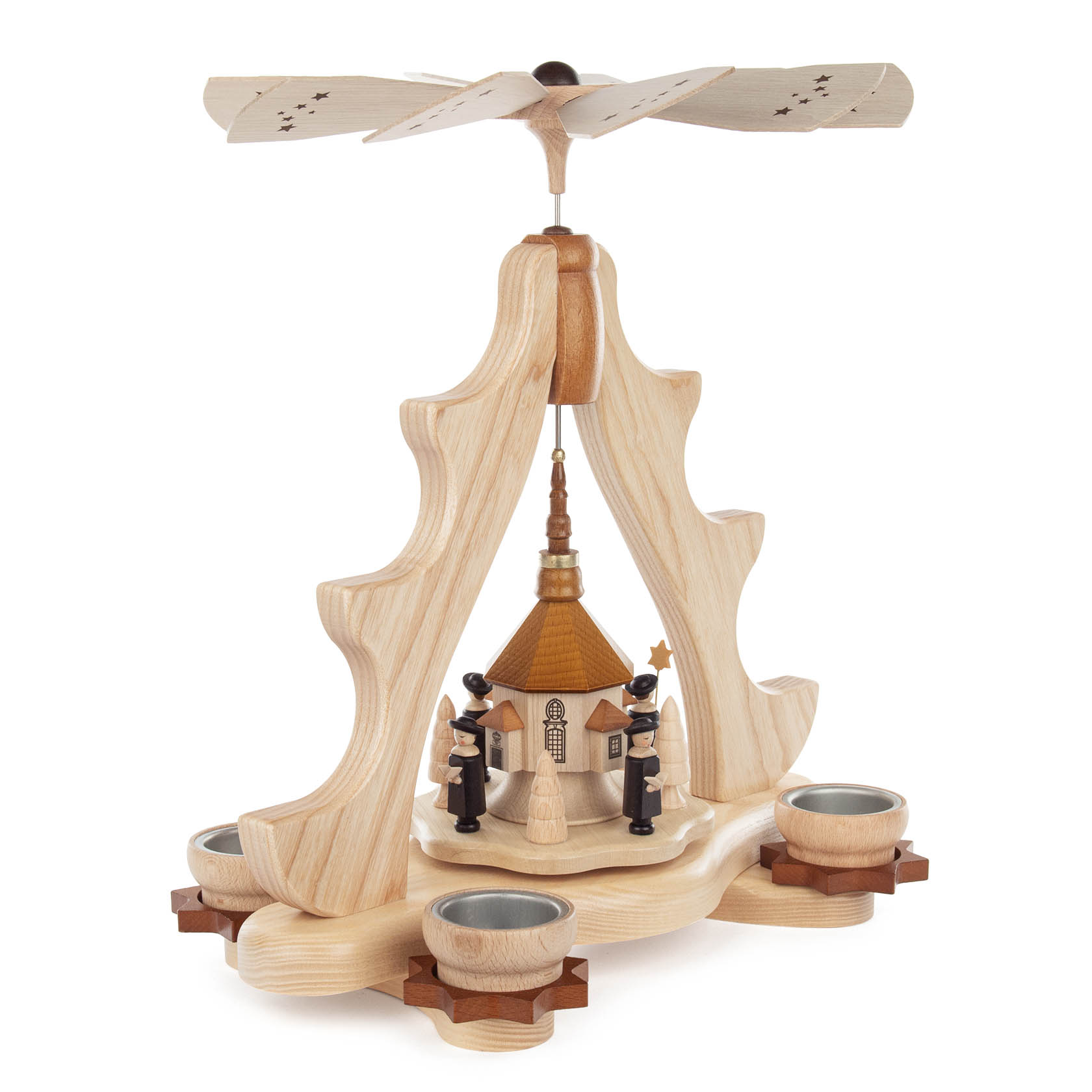 Holzpyramide mit Seiffener Kirche und Kurrende Figuren, Platz für Teelichte, Flügelrad oben zur Drehung.