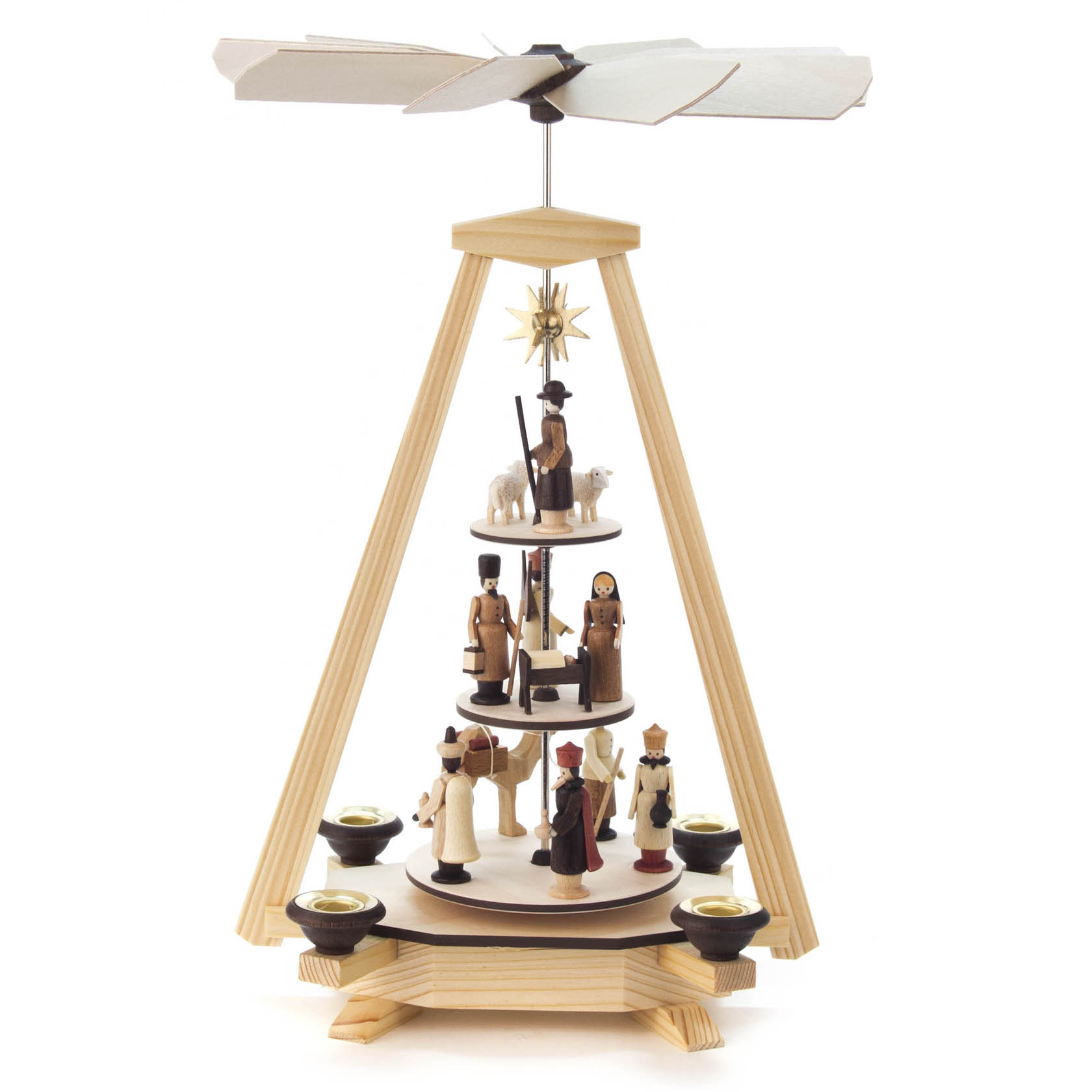Dreistöckige Pyramide aus Holz mit der Darstellung der Geburt Christi, inklusive Schafe, Hirten, heiliger Familie und einem Stern an der Spitze. im Dregeno Online Shop günstig kaufen