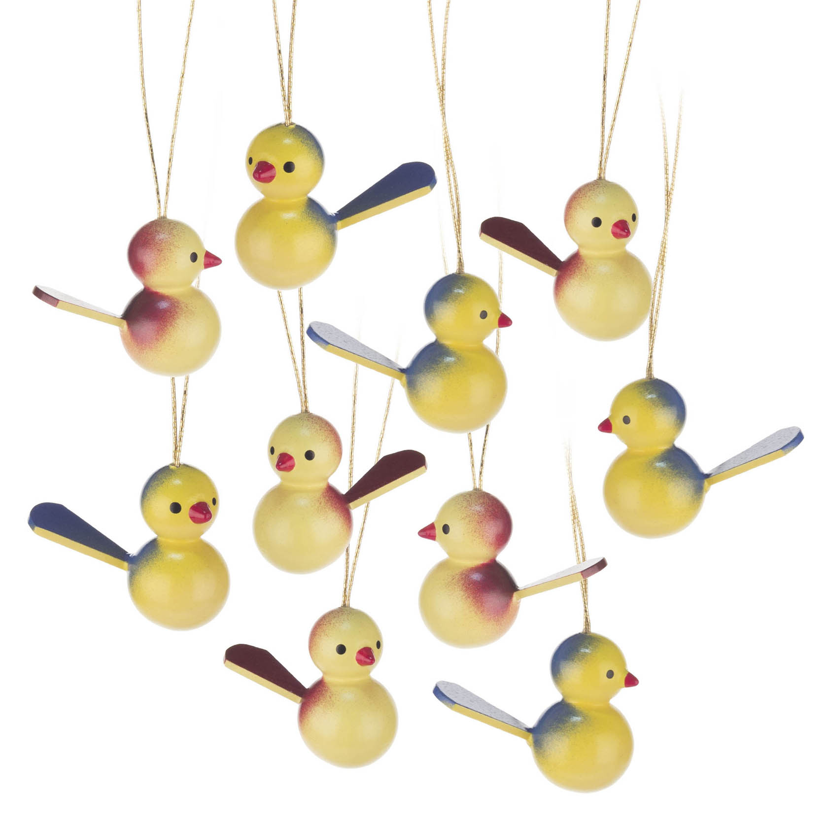 Zehn gelbe, kugelförmige Holzvögel mit gespannten Flügeln und Schnüren zum Aufhängen, mit gesprenkelten Details in Blau und Rosa. im Dregeno Online Shop günstig kaufen