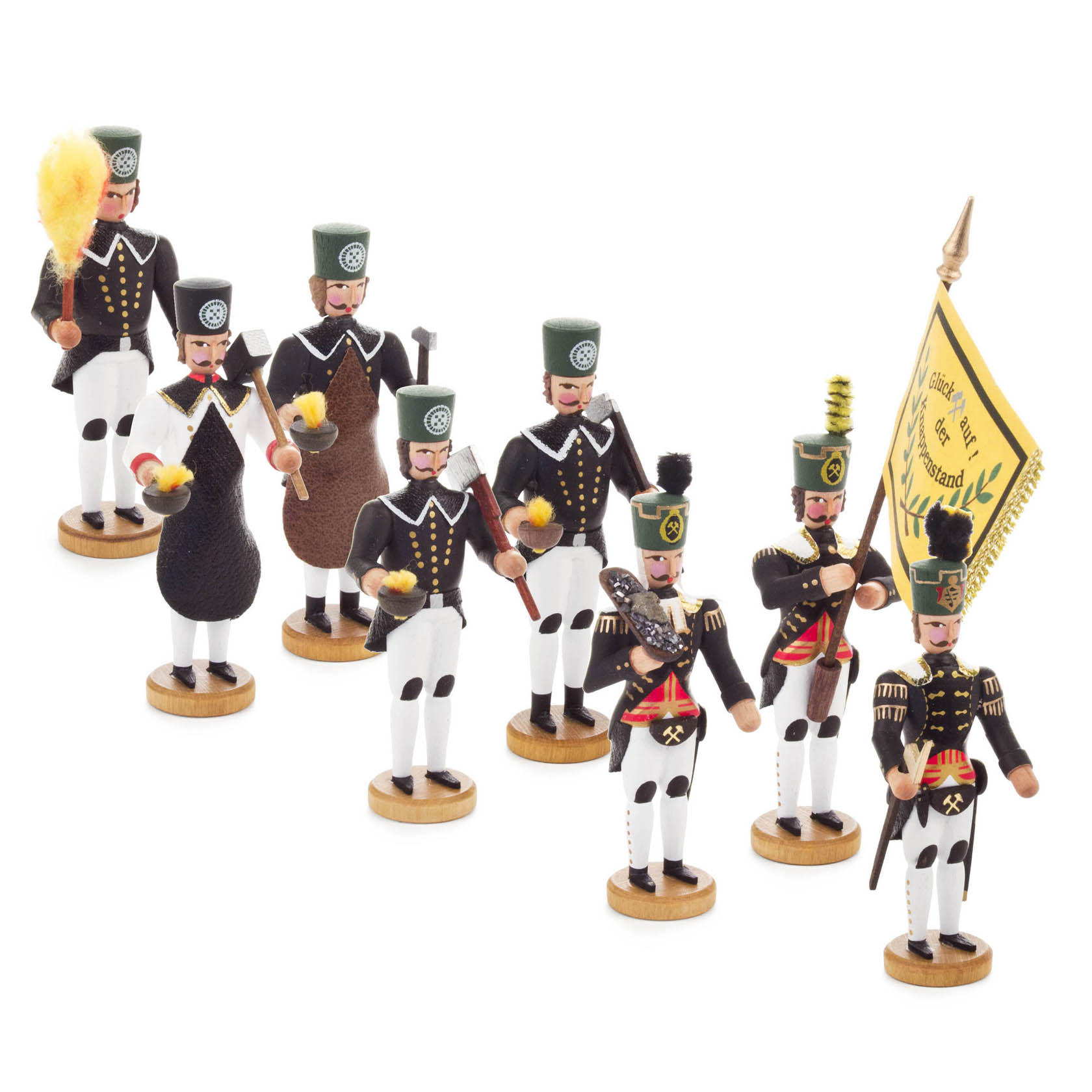 Acht farbenfrohe Holzfiguren in Bergmann-Uniform, mit Instrumenten und Fahne, symbolisieren eine Bergparade. Jede Figur trägt einen spezifischen Teil der Parade. im Dregeno Online Shop günstig kaufen