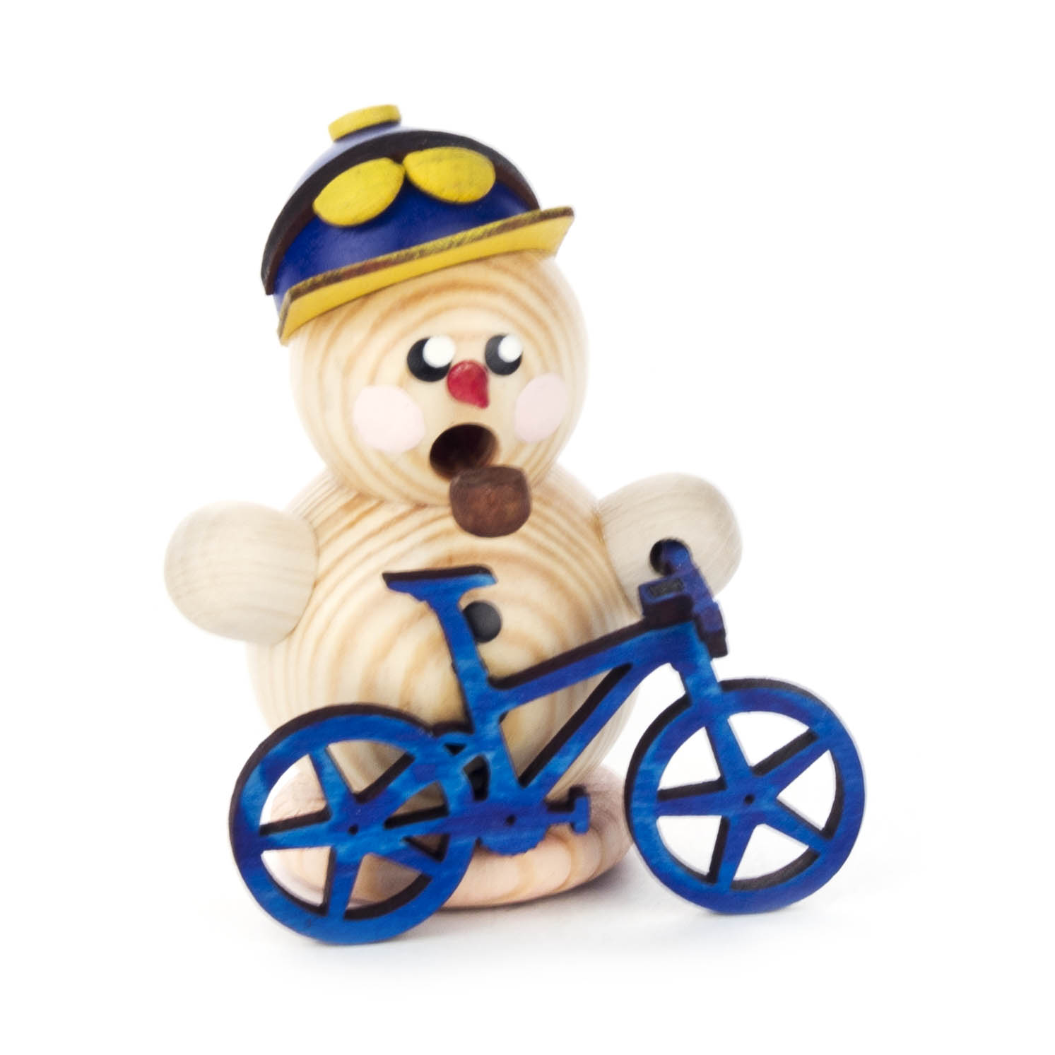 Kleiner, lächelnder Räuchermann aus Holz mit blauen Helm und einem blauen Mountainbike. im Dregeno Online Shop günstig kaufen