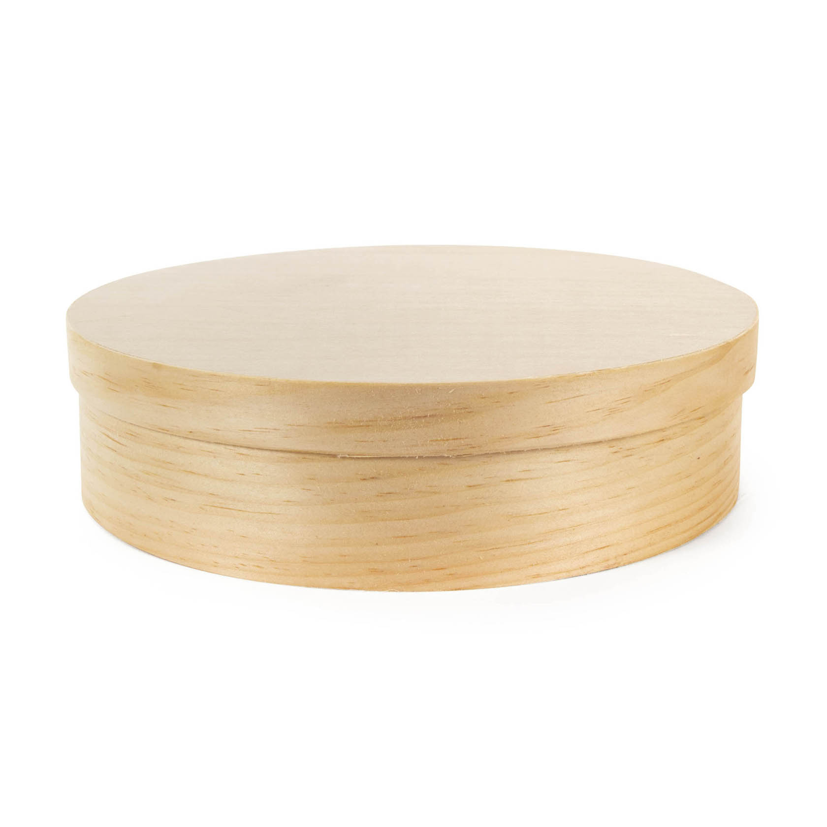 Runde Spanschachtel aus hellem Holz mit einem flachen, abnehmbaren Deckel. im Dregeno Online Shop günstig kaufen