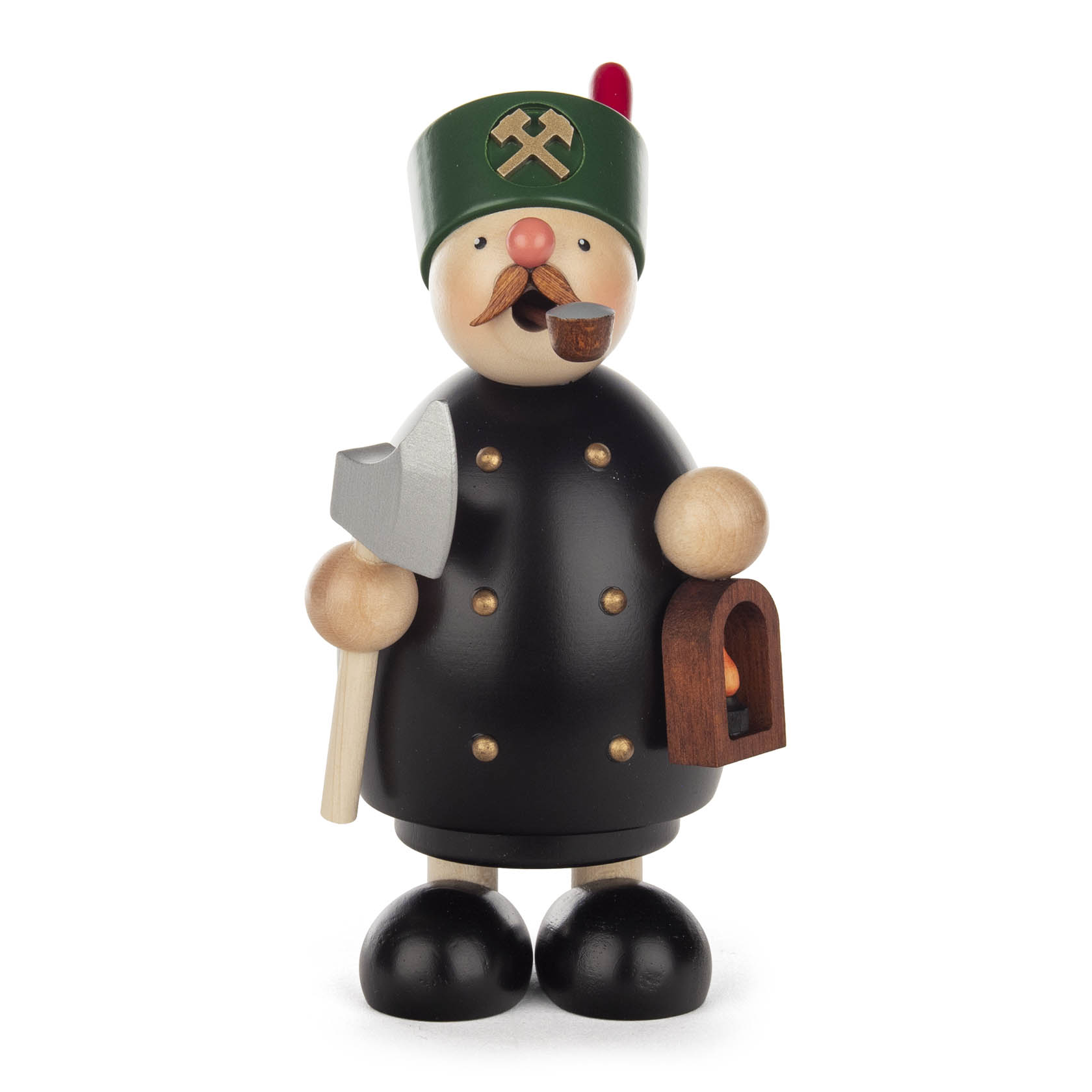 Wooden incense smoker figure depicting a miner in a black outfit holding an axe and a lantern.