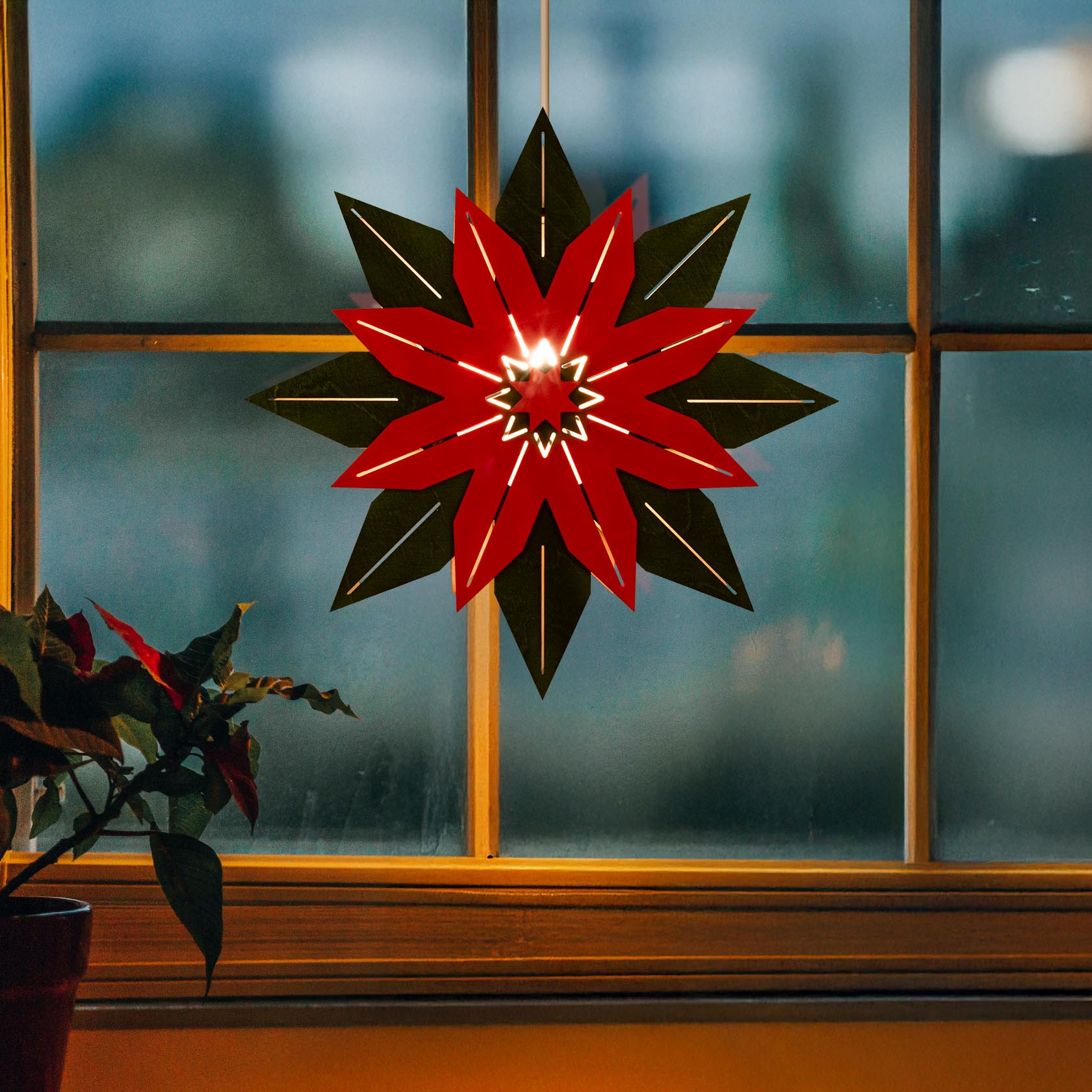 Ein grün-roter Weihnachtsstern mit elektrischer Beleuchtung hängt vor einem Fenster. Der Stern leuchtet hell in der Mitte und hat scharfkantige Blätter.