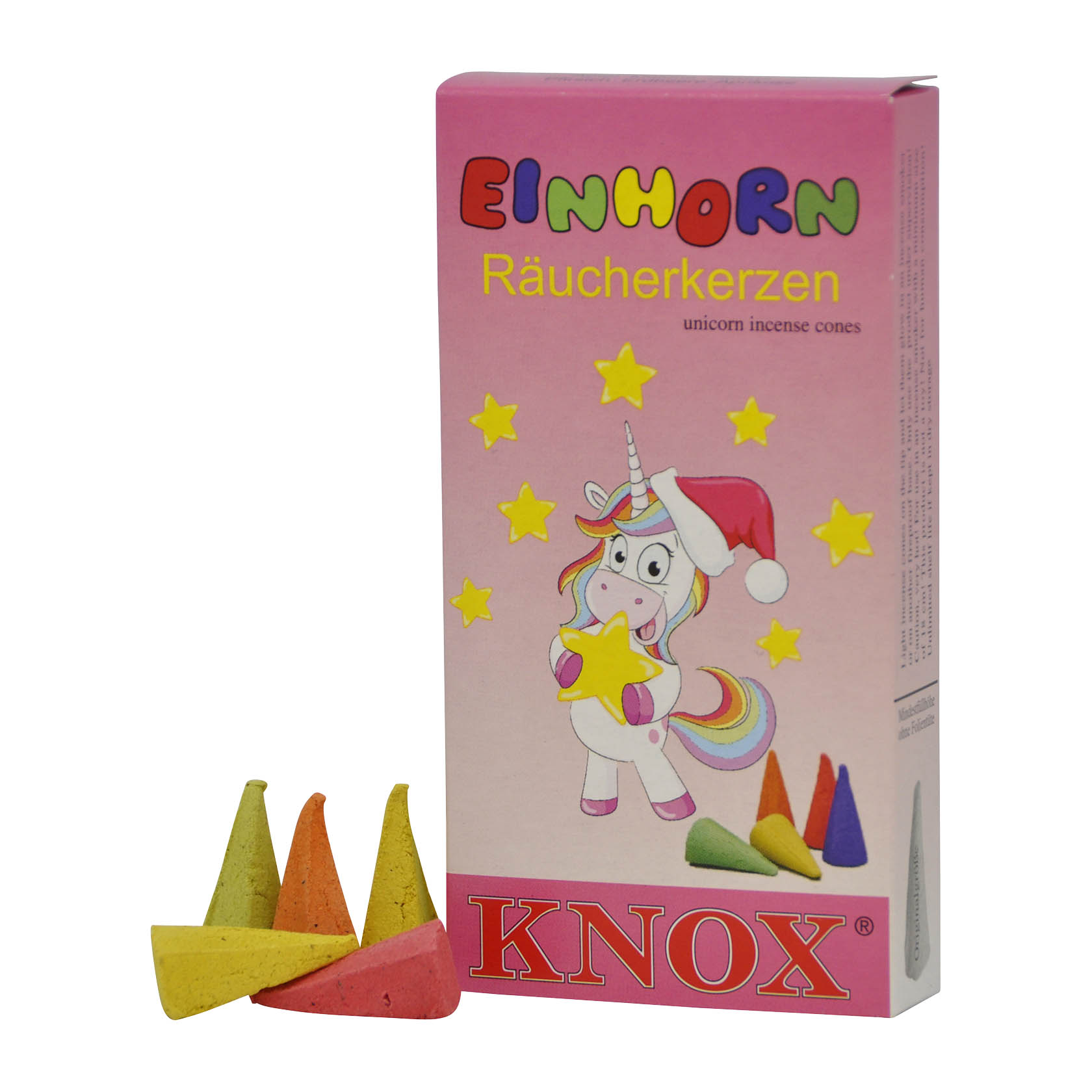 Kartonschachtel mit der Aufschrift 'Einhorn Räucherkerzen', zeigt ein Einhorn in Weihnachtskleidung. Daneben fünf bunte Räucherkerzenkegel in verschiedenen Farben. im Dregeno Online Shop günstig kaufen