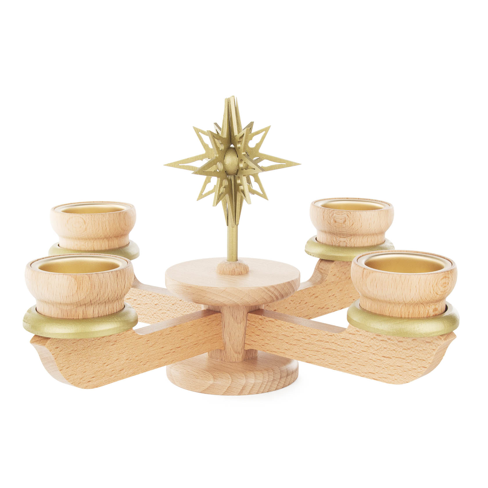 Large natural wooden Advent candelabrum with holders for four tealights, featuring a central gold decorative star. im Dregeno Online Shop günstig kaufen