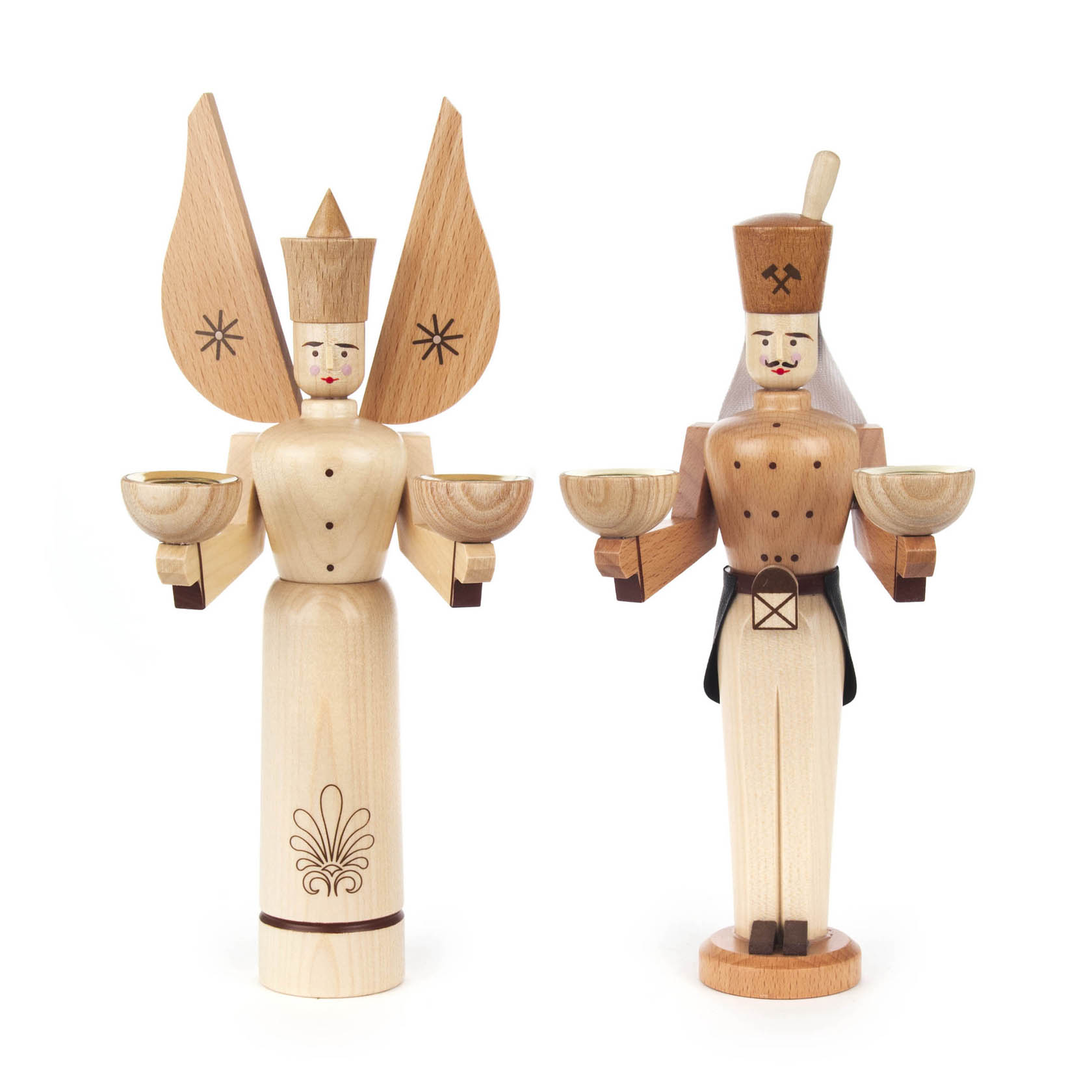 Holzfiguren Engel und Bergmann in Naturfarben, beide mit Kerzenhaltern für 14mm Kerzen, dekorative Volkskunst. im Dregeno Online Shop günstig kaufen