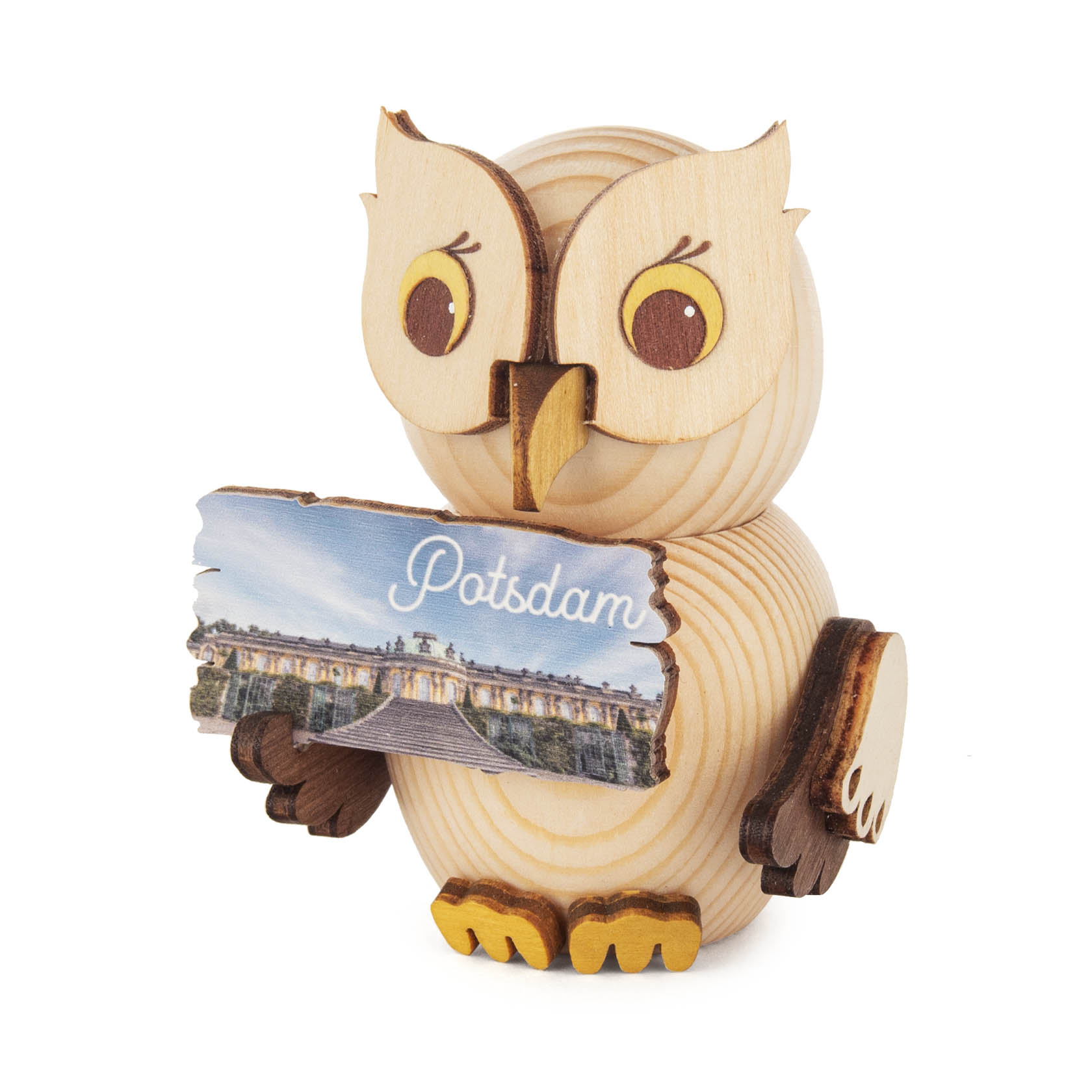 Holzfigur einer Mini-Eule, die ein Schild mit der Aufschrift 'Potsdam' in den Flügeln hält. Das Schild zeigt ein Bild eines historischen Gebäudes. im Dregeno Online Shop günstig kaufen