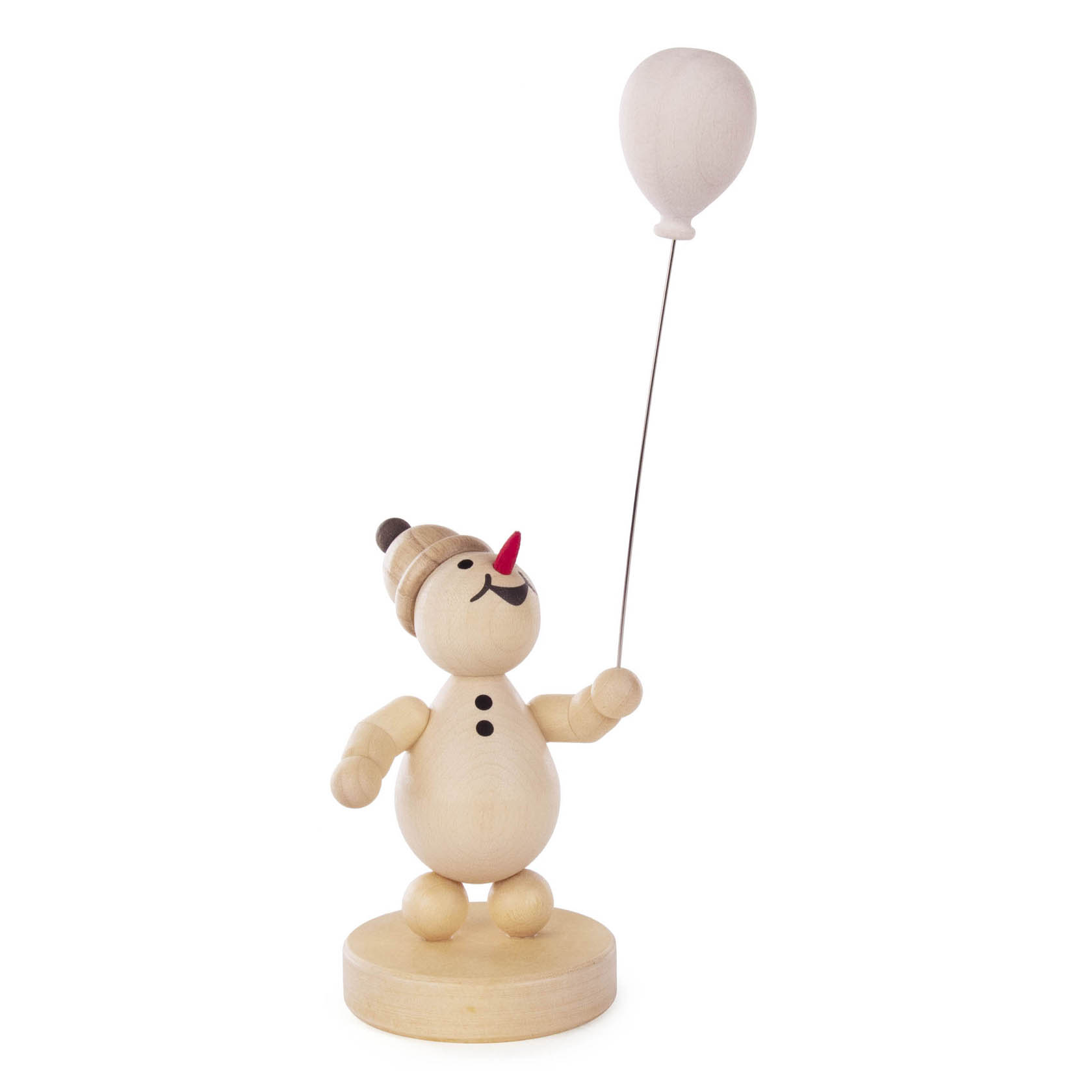 Ein Holz-Schneemann mit Mütze hält einen weißen Luftballon an einem Draht in der Hand. im Dregeno Online Shop günstig kaufen