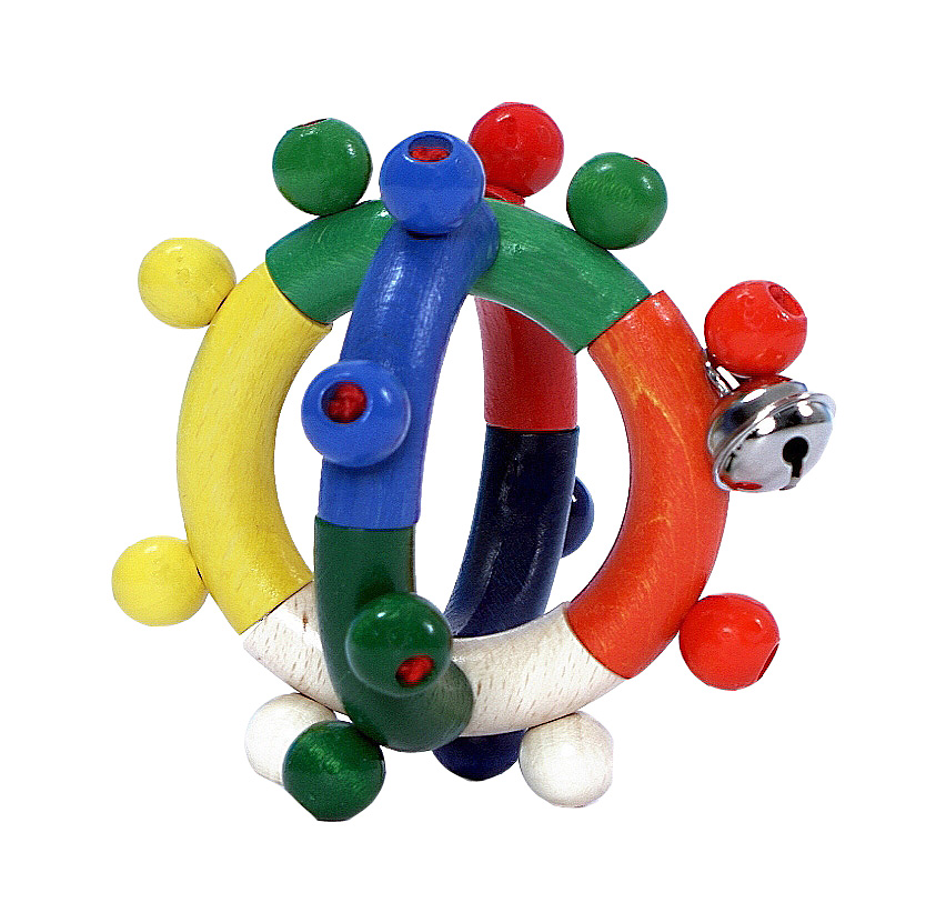 Farbenfrohe Motorik-Holzrassel in Ringform mit bunten Holzkugeln und einer kleinen Glocke. im Dregeno Online Shop günstig kaufen