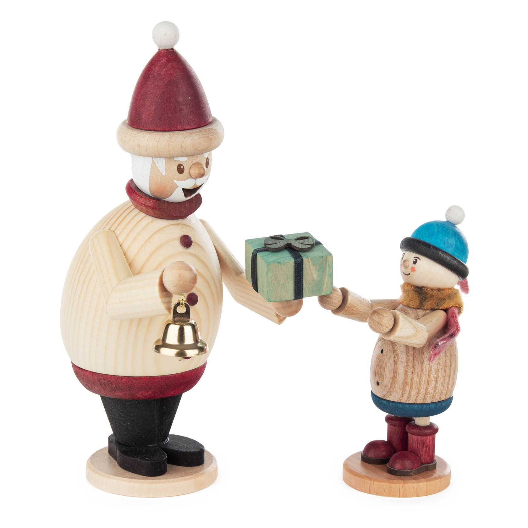 Holzfigur eines Räuchermanns als Weihnachtsmann, der mit einem Kind mit blauer Mütze ein Geschenk teilt. im Dregeno Online Shop günstig kaufen