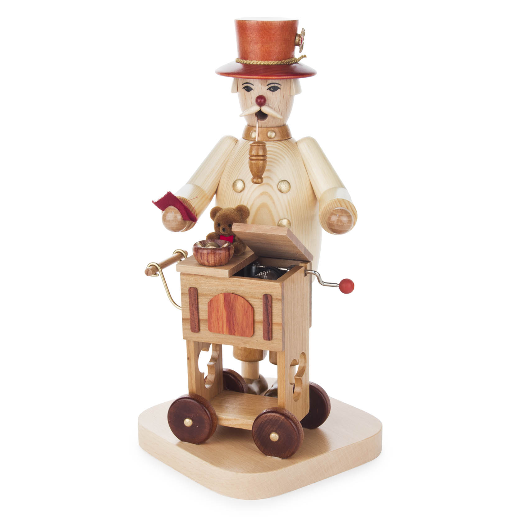 Holzfigur eines Drehorgelspielers in hellen Farben, mit Zylinderhut, Bart und rotem Halstuch, hält eine Drehorgel mit offener Klappe und Bär in der Hand. im Dregeno Online Shop günstig kaufen