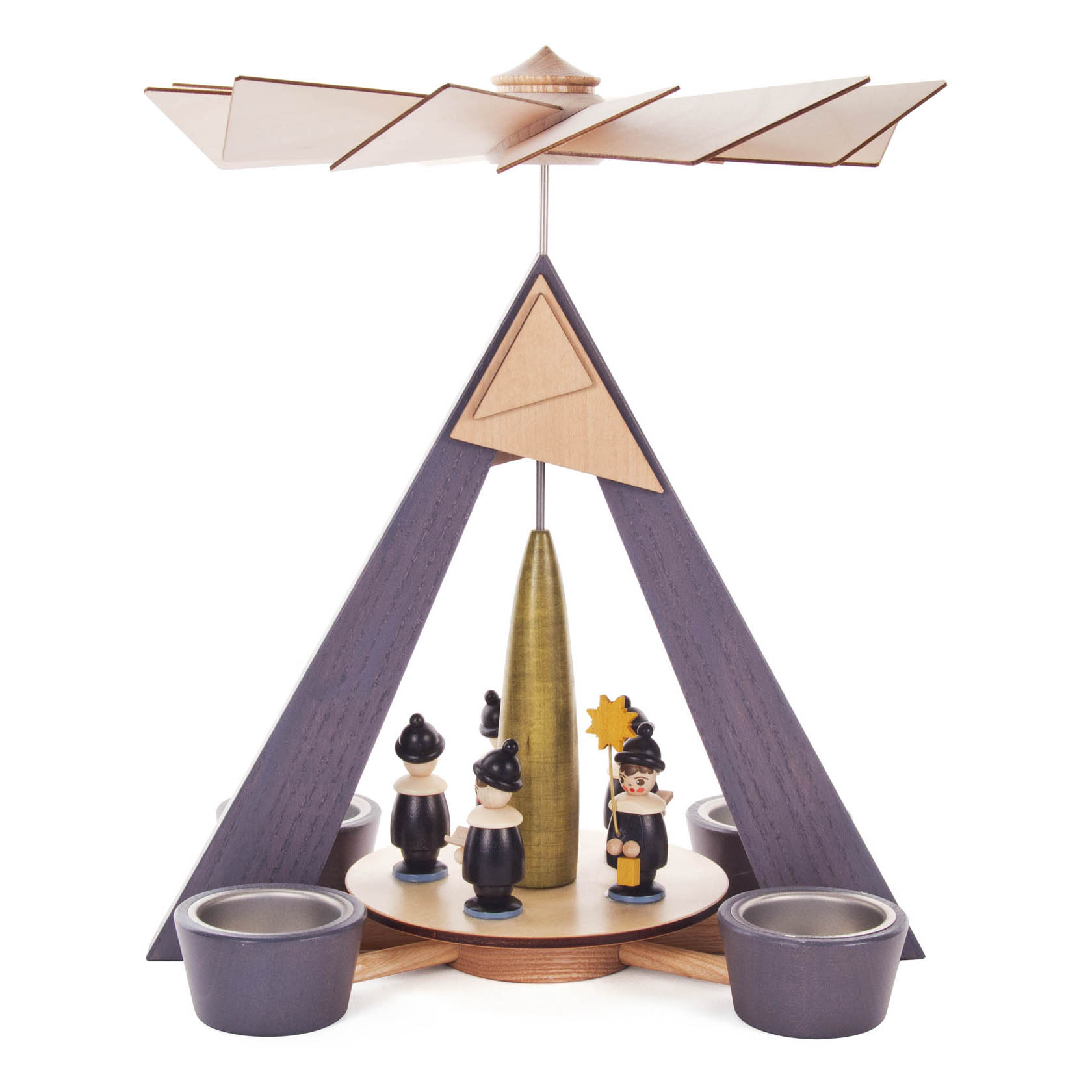 Weihnachtspyramide mit dreieckigem Rahmen, darauf drehbare Flügel. Innen bunte Kurrende-Figuren um einen goldenen Stab. Vier Teelichthalter außen. im Dregeno Online Shop günstig kaufen