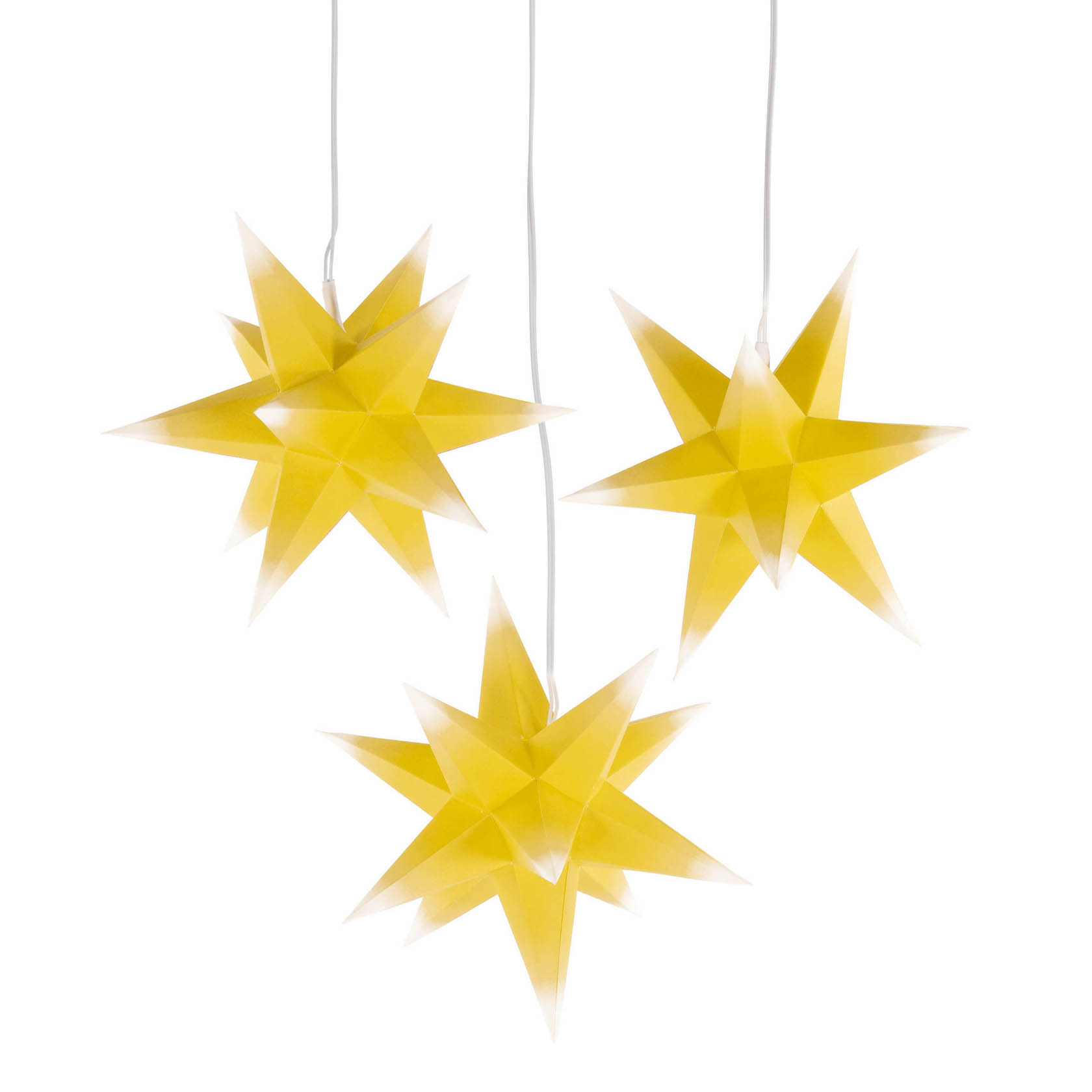 Drei gelbe Mini-Adventssterne mit weißen Spitzen, die elektrisch beleuchtet sind. im Dregeno Online Shop günstig kaufen