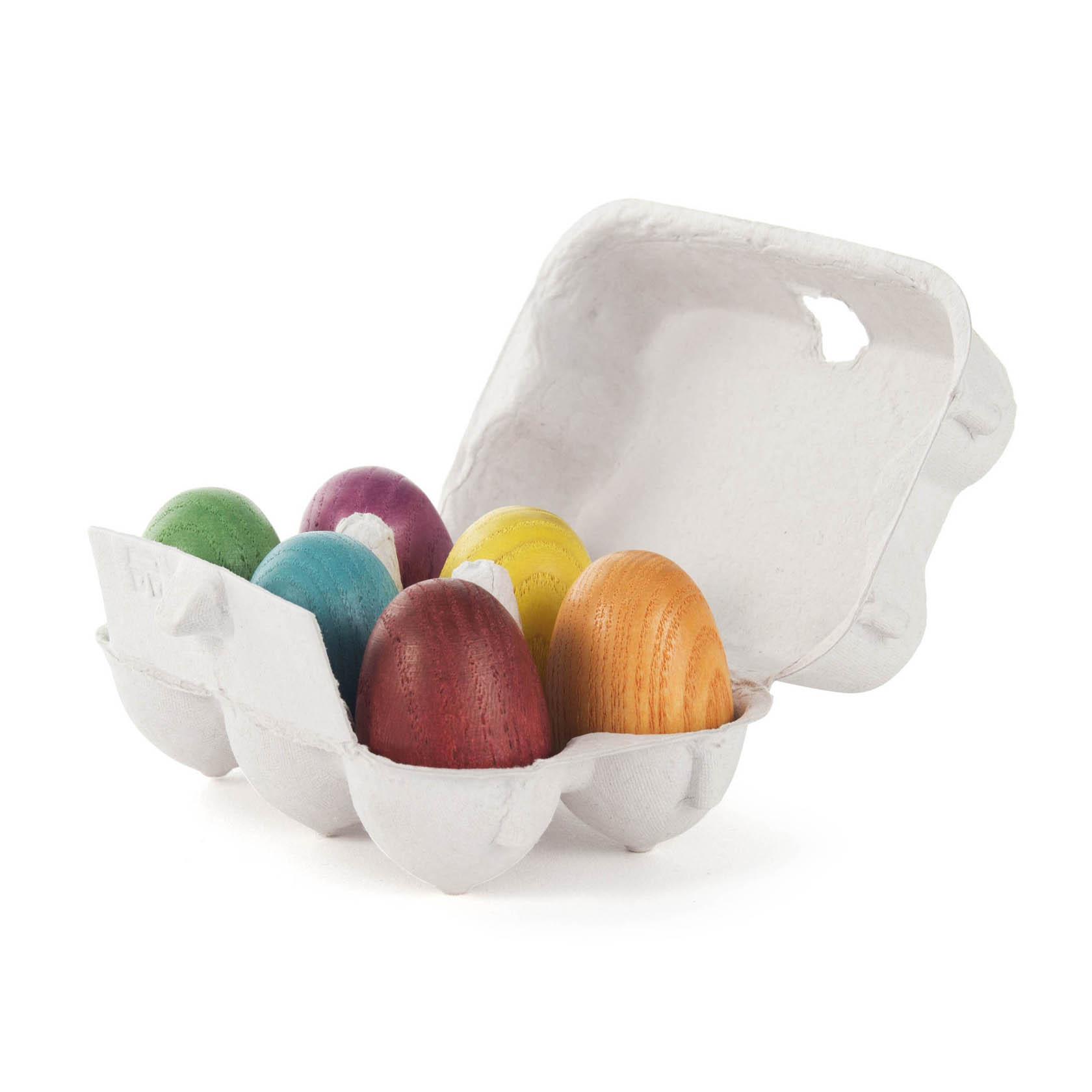 Sechs bunte Ostereier in verschiedenen Farben in einem offenen Eierkarton. im Dregeno Online Shop günstig kaufen