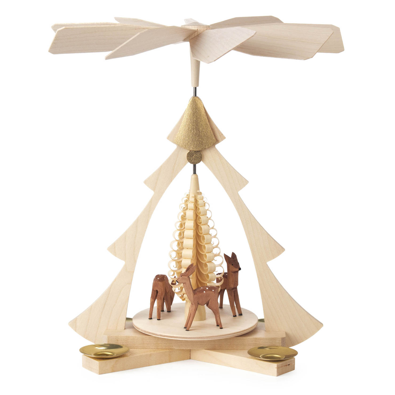 Holzpyramide mit Rehen unter einem sich drehenden Flügelrad, geeignet für 14mm Kerzen. im Dregeno Online Shop günstig kaufen