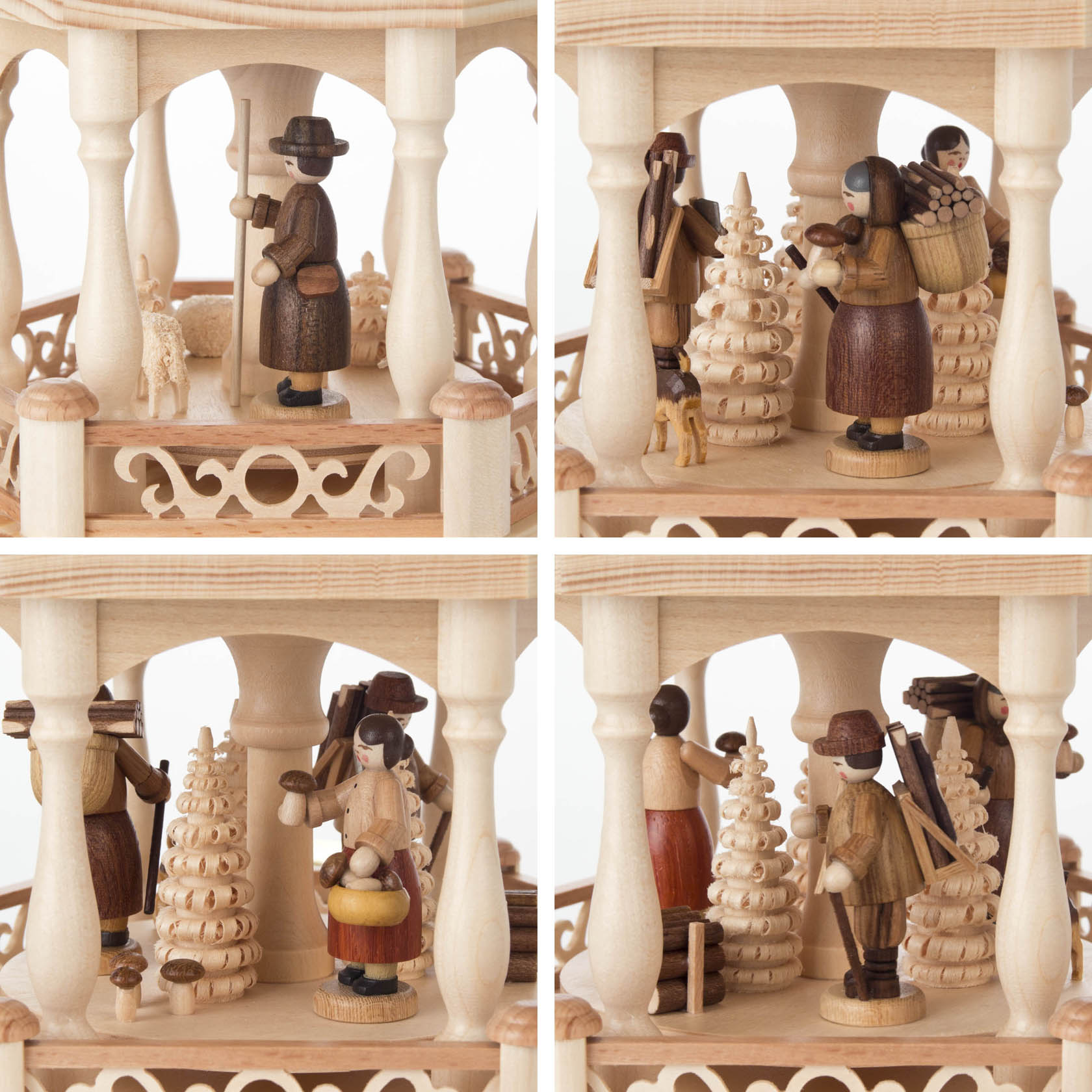 Zweistufige Holzpyramide mit Waldfiguren, traditionell bekleidet, die um miniaturisierte Bäume stehen. Geeignet für Kerzen mit einem Durchmesser von 14mm.