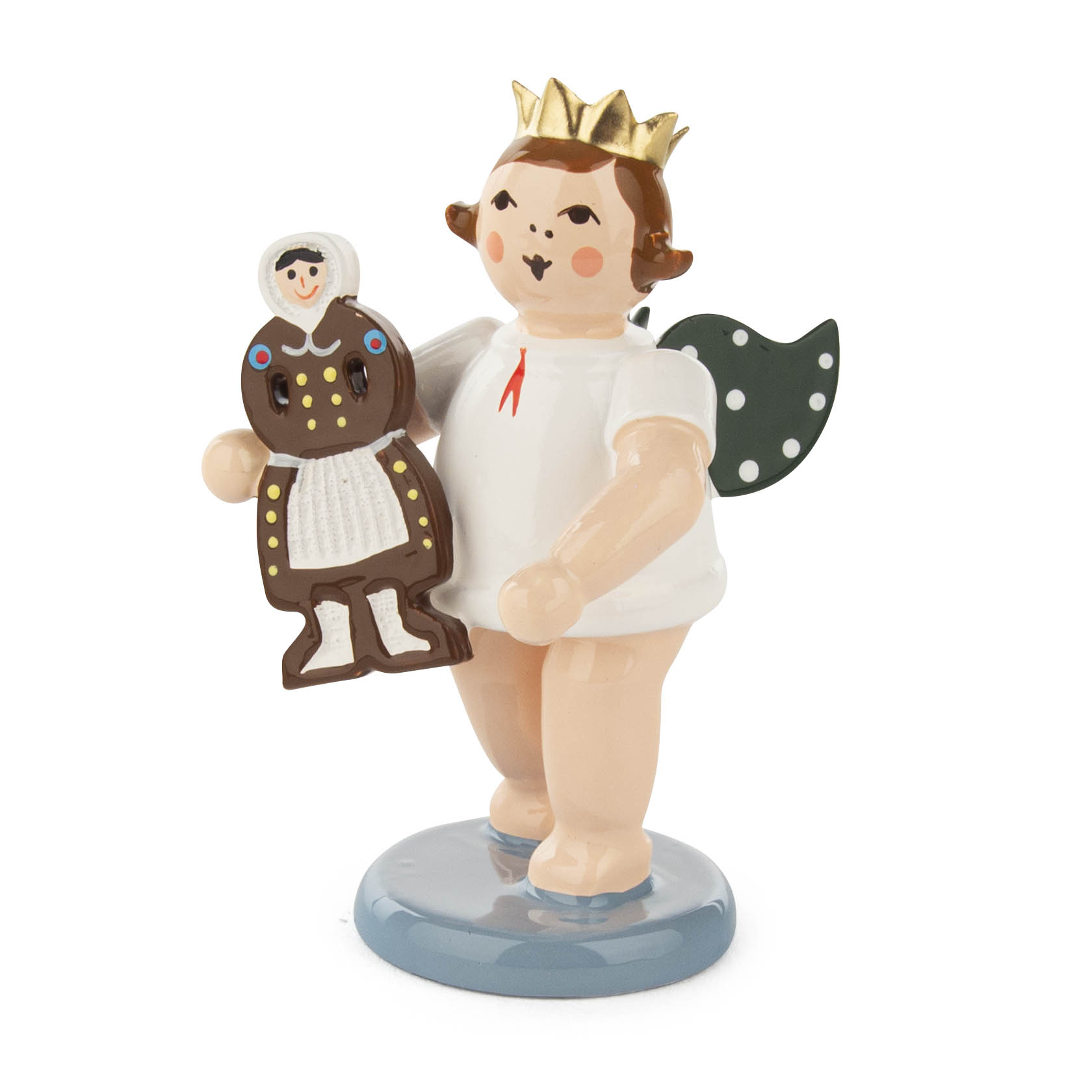 Holzfigur eines Engels mit goldener Krone, der eine Pfefferkuchenfrau hält. Der Engel trägt ein weißes Hemd und hat grüne Flügel mit weißen Punkten. im Dregeno Online Shop günstig kaufen