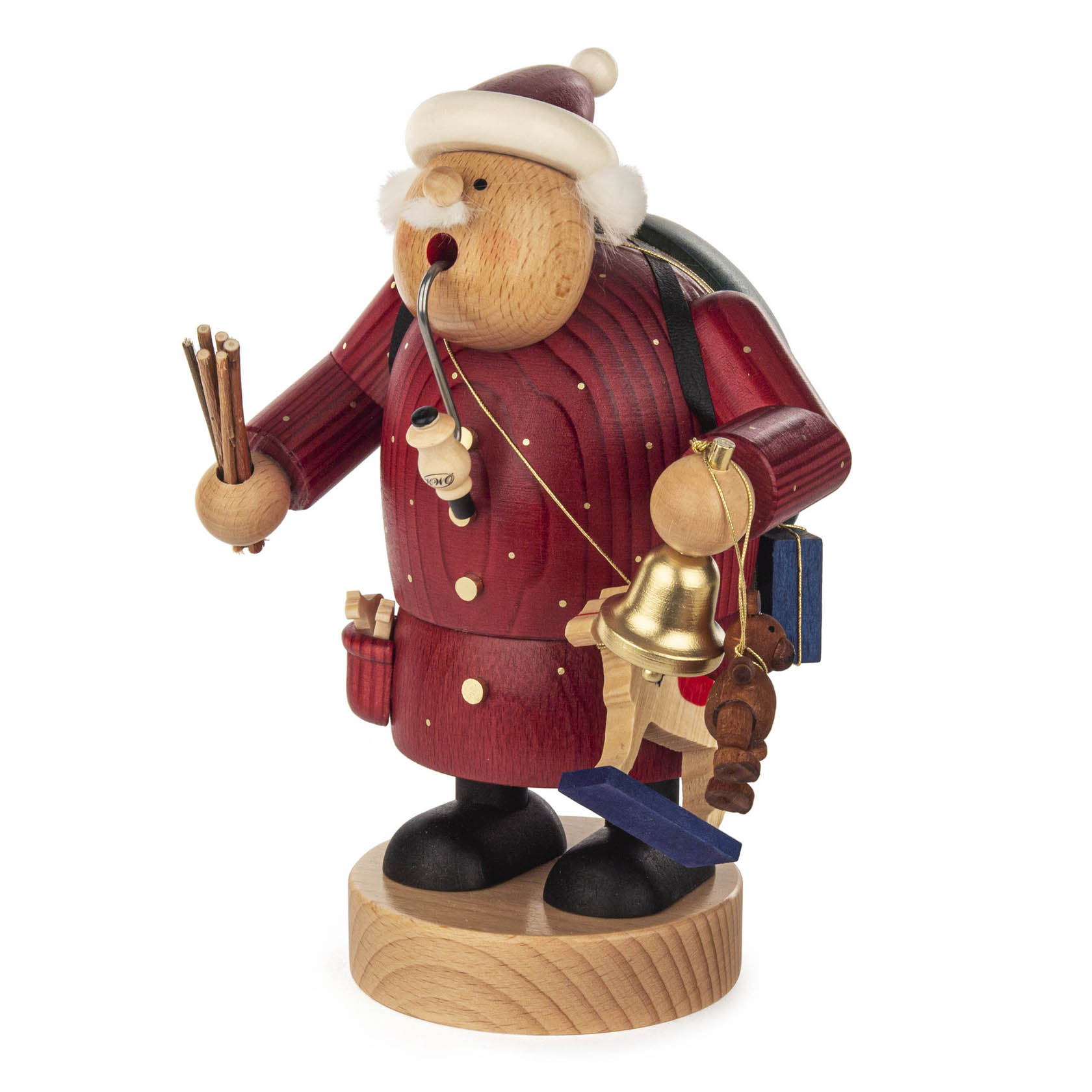 Ein traditioneller Räuchermann in Form eines Weihnachtsmanns. Der 20 cm hohe Holzfigur trägt eine rote Jacke, hält einen Tannenzweig und eine Glocke.