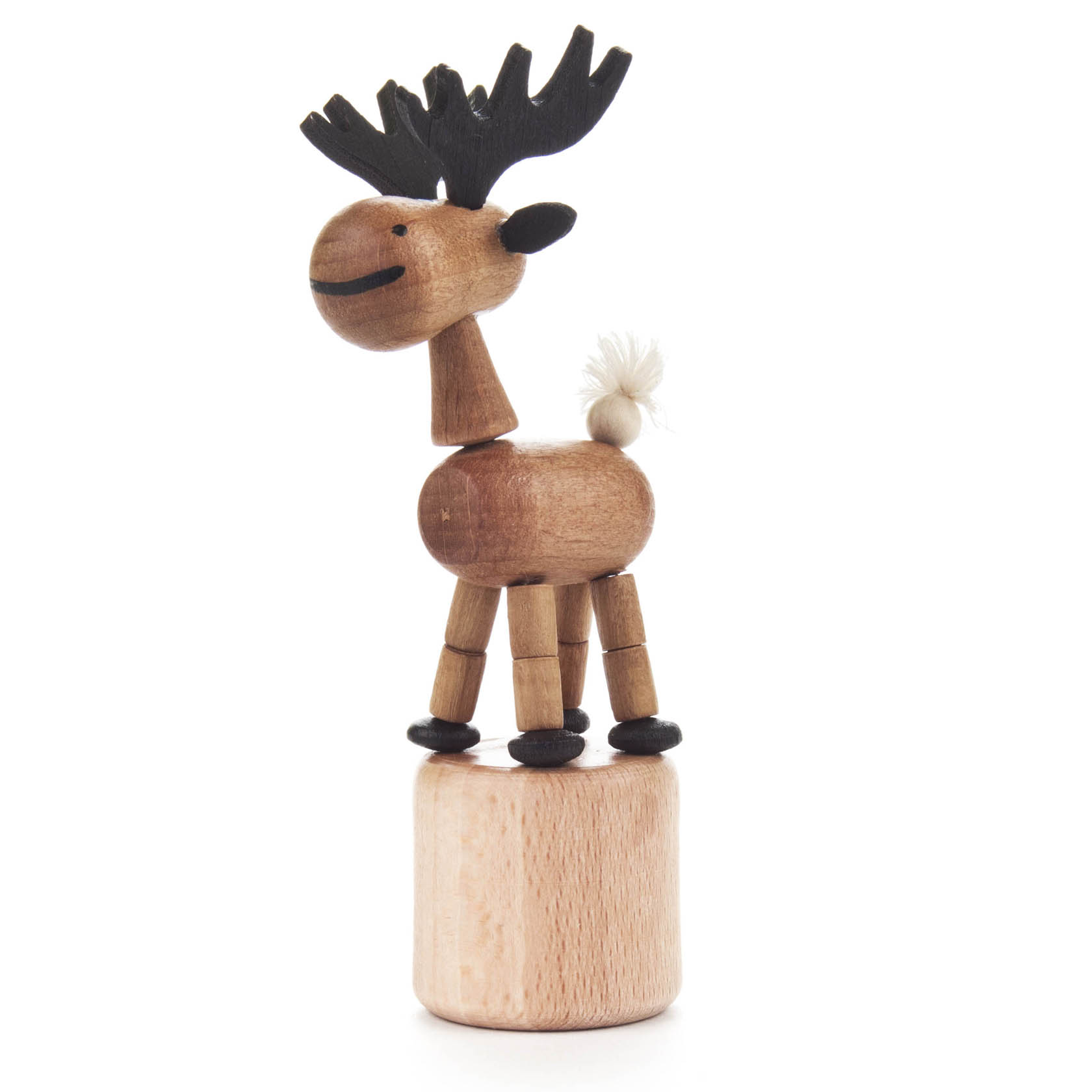 Holzelch, als Wackeltier, mit beweglichen Gliedmaßen und lustigem Gesichtsausdruck, steht auf einem runden Holzsockel. im Dregeno Online Shop günstig kaufen