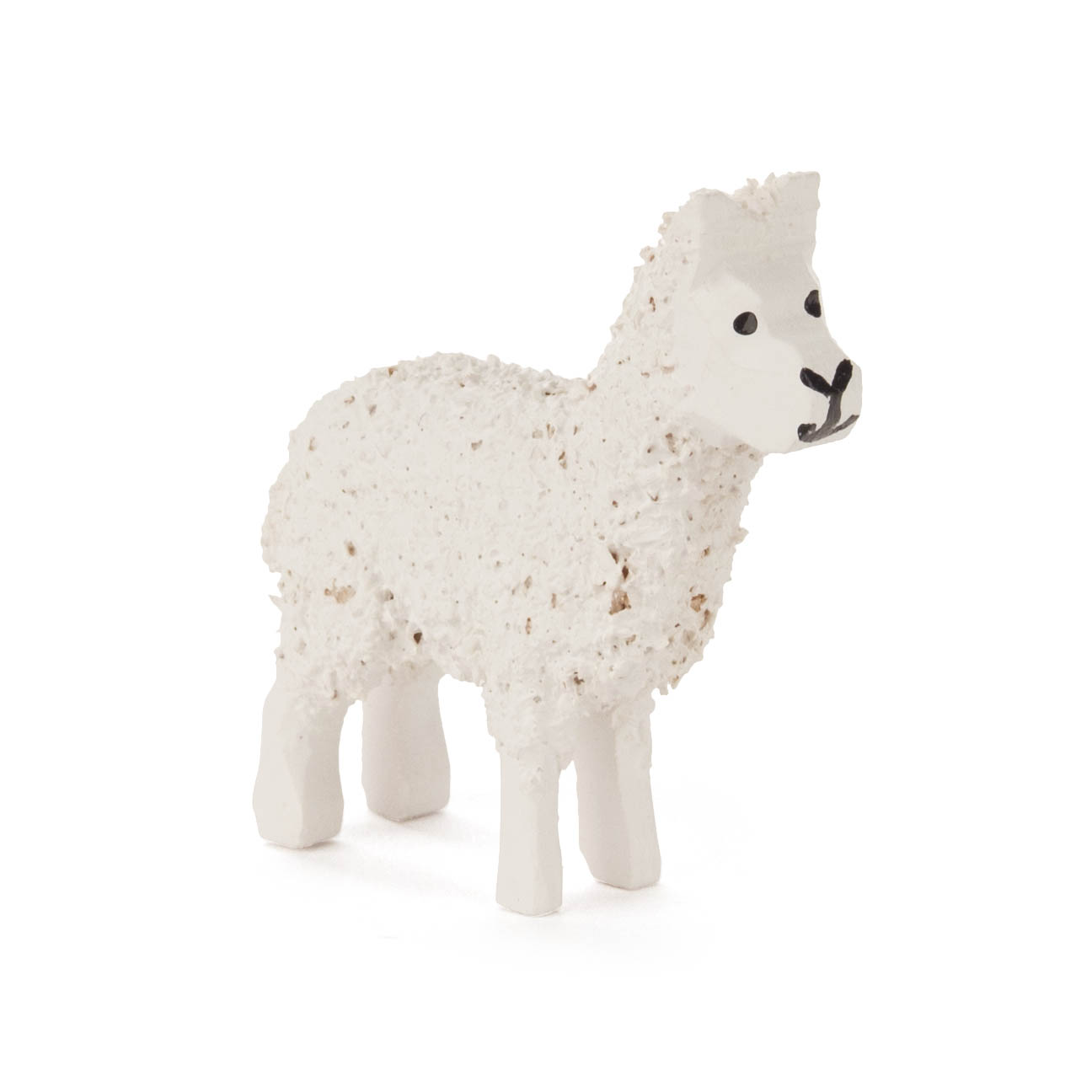 Keramikfigur eines weißen Lamas mit schwarzer Nase und Augen, Höhe 2,5cm, steht aufrecht. im Dregeno Online Shop günstig kaufen