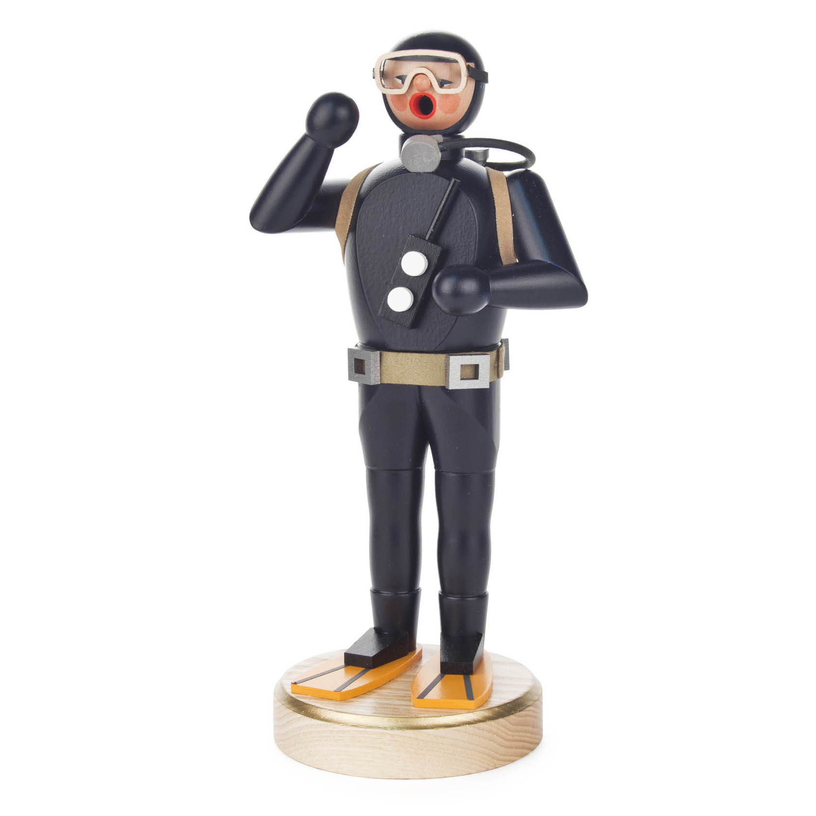 Wooden incense smoker figurine of a diver wearing a black diving suit, orange flippers, and scuba gear, holding a radio. im Dregeno Online Shop günstig kaufen
