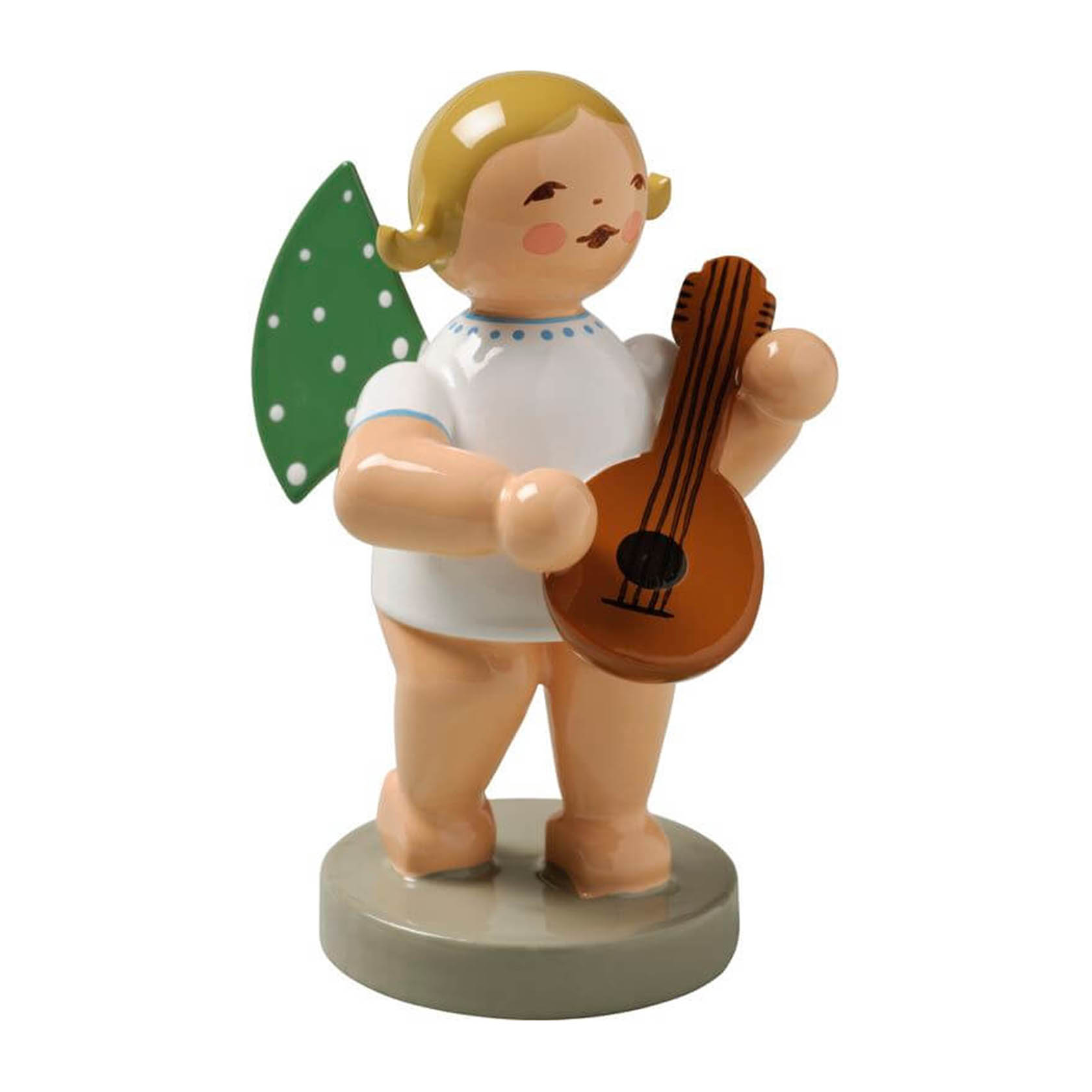 Holzengel mit grünen Flügeln und weißen Punkten, spielt eine Mandoline. im Dregeno Online Shop günstig kaufen