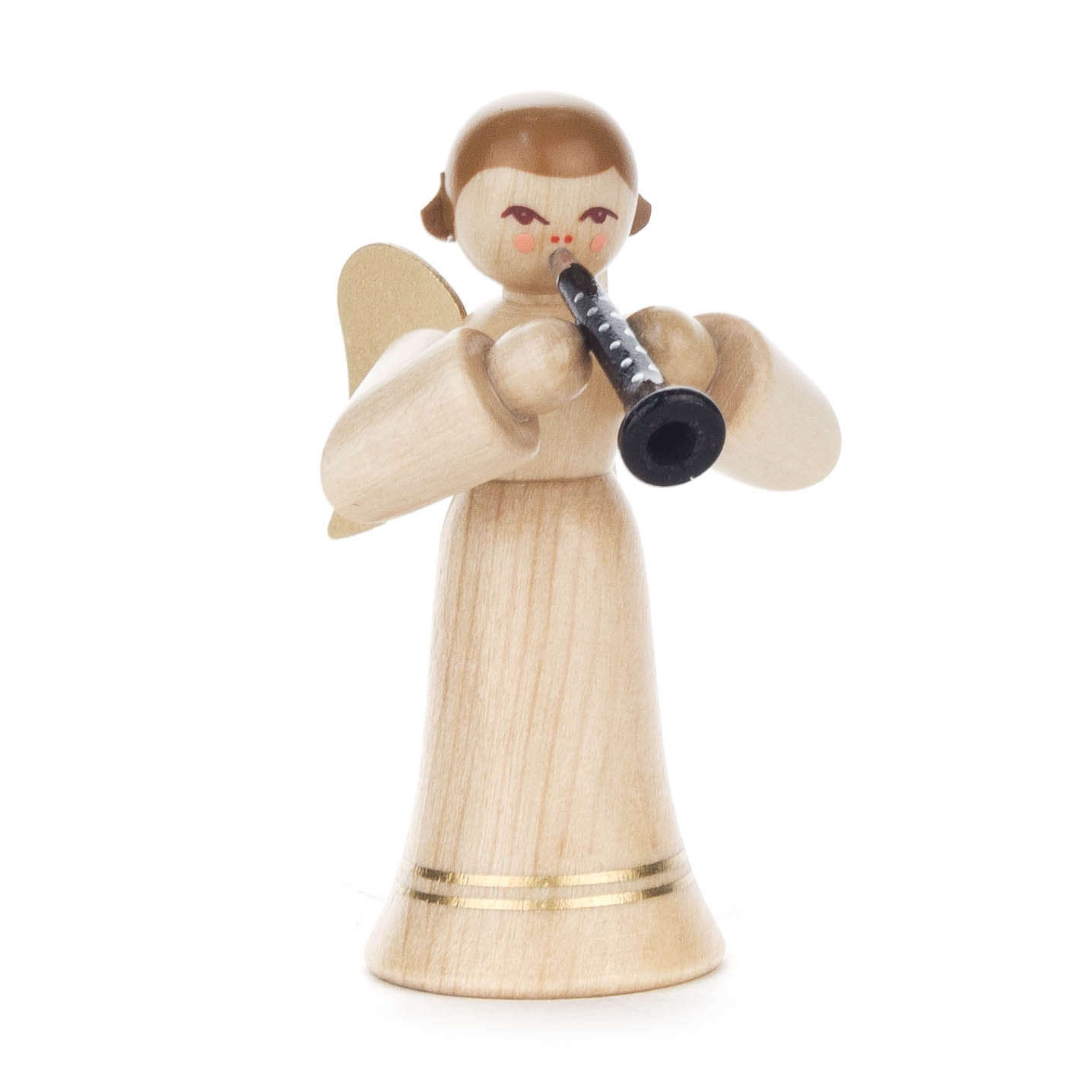 Holzengel spielt Klarinette, trägt einen langen, naturfarbenen Rock, hat goldene Flügel. im Dregeno Online Shop günstig kaufen