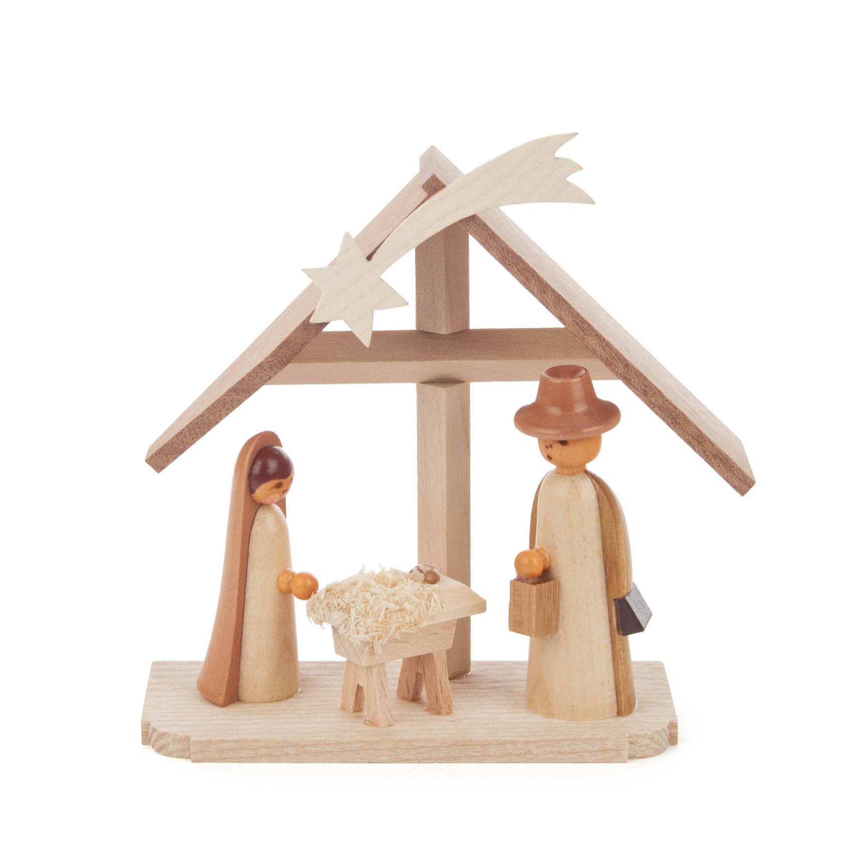 Eine kleine, naturbelassene Holzkrippe mit Figuren von Maria, Josef und dem Jesuskind. Maria und Josef stehen neben einer Krippe unter einem Stern. im Dregeno Online Shop günstig kaufen