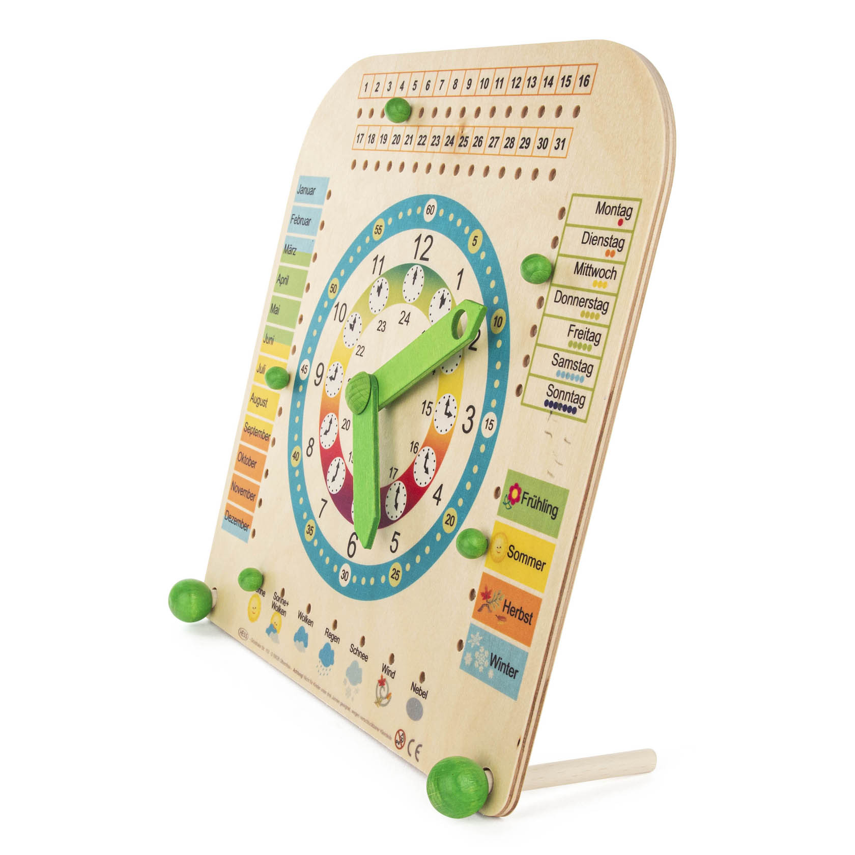 Holzuhr zum Lernen der Jahreszeiten und des Kalenders. Zeigt Monate, Tage, Jahreszeiten und eine analoge Uhr auf einem quadratischen Brett.