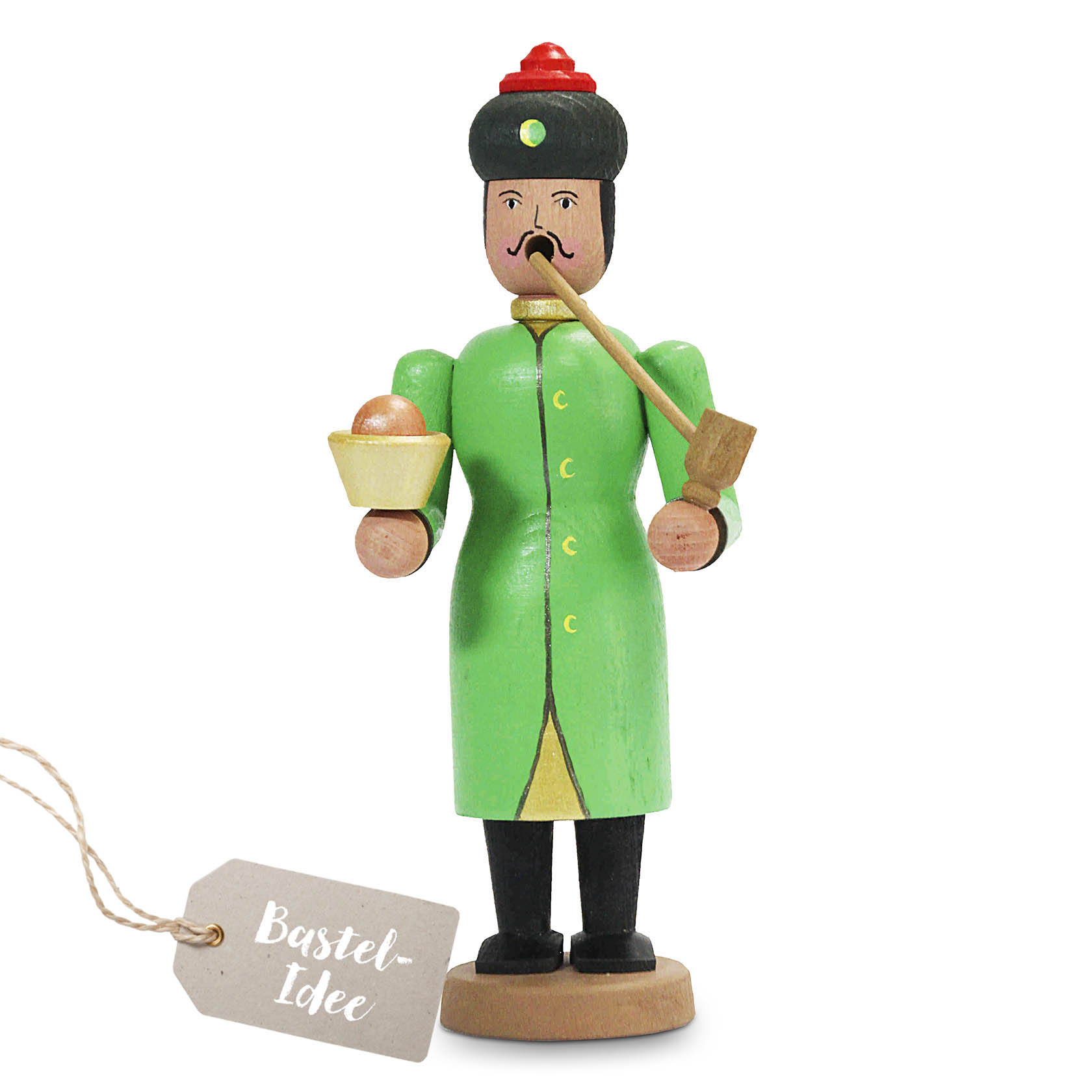 Holzfigur eines traditionellen Räuchermännchens im orientalischen Stil, in grünem Gewand mit Pfeife und Schüssel, steht auf einem Holzsockel. im Dregeno Online Shop günstig kaufen