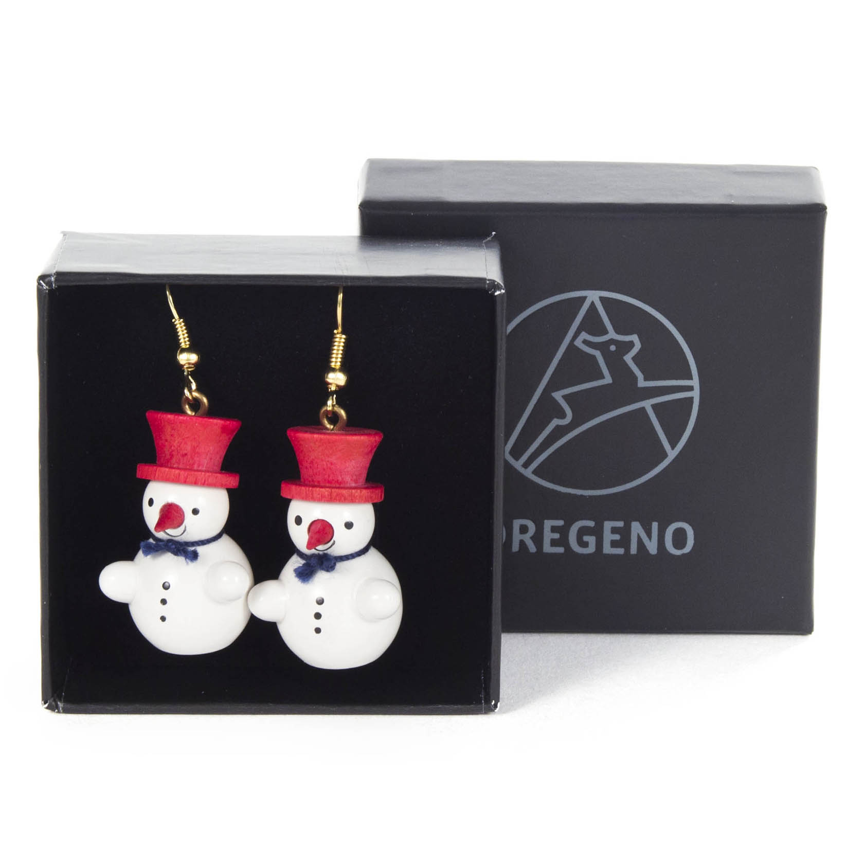 Pair of snowman earrings with red top hats, displayed in a black jewelry box, lead- and nickel-free.