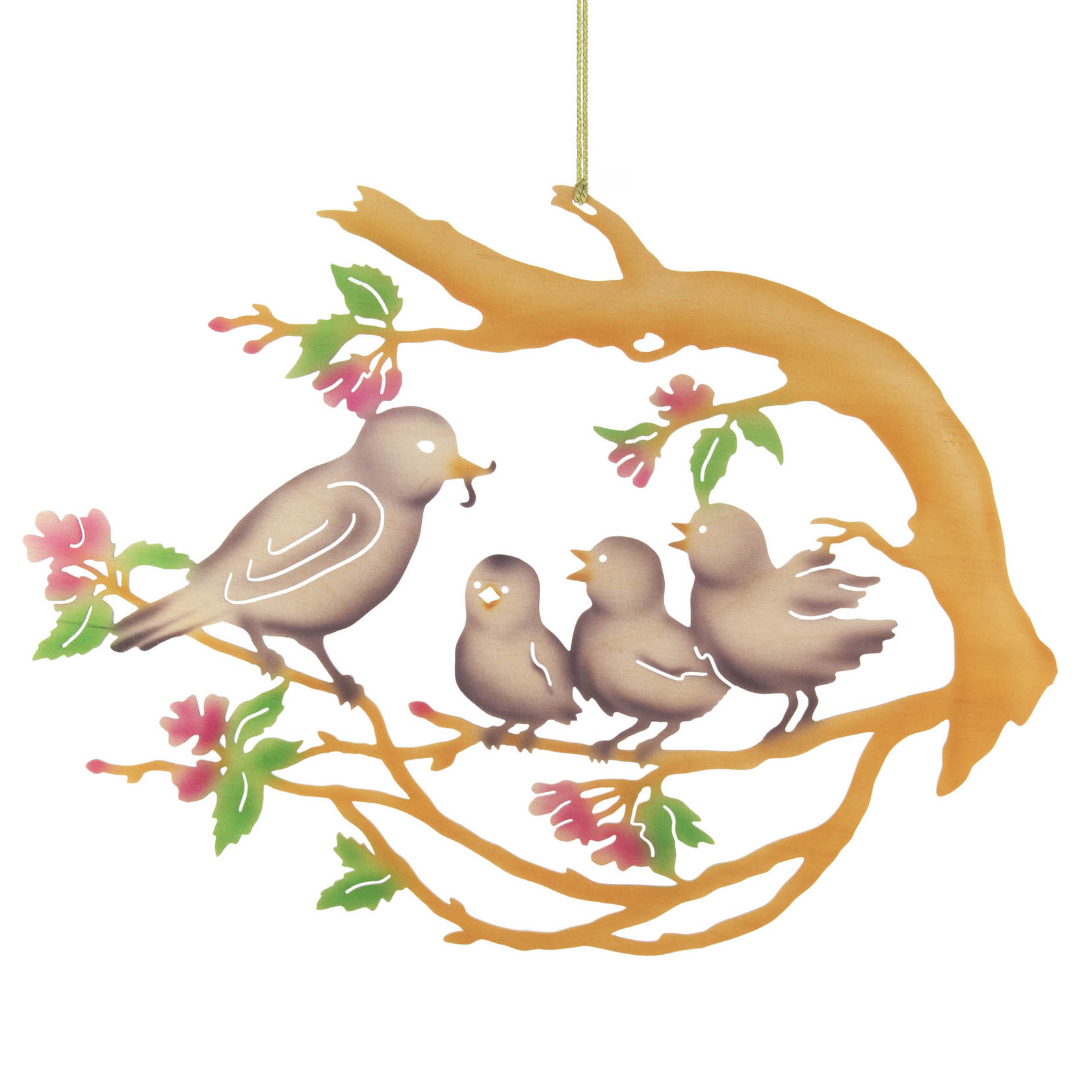 Ein farbiges Fensterbild zeigt eine Vogelfamilie auf einem Baumzweig. Ein großer Vogel füttert drei Küken. Der Zweig hat Blätter und Blüten. im Dregeno Online Shop günstig kaufen