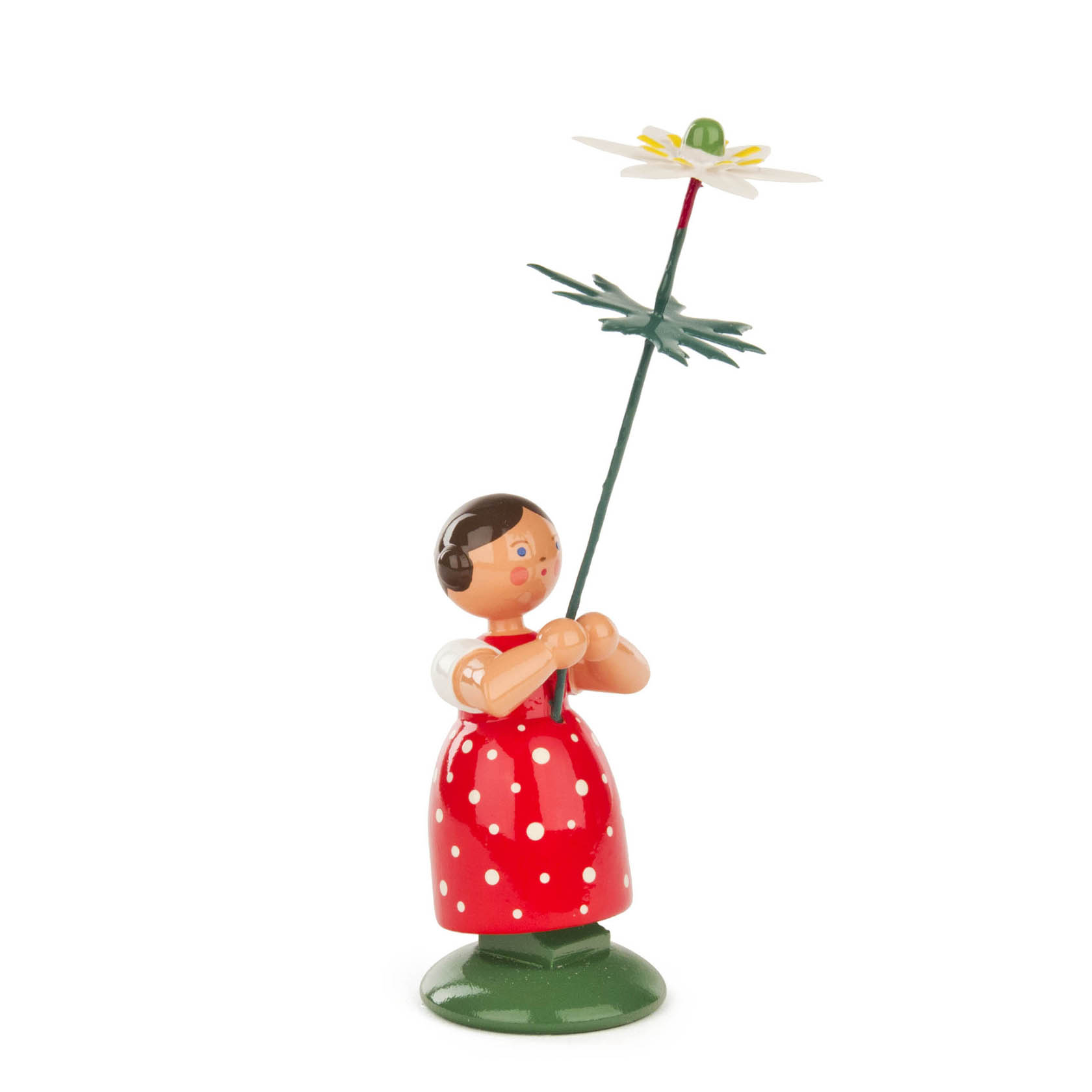 Holzfigur eines Blumenmädchens in rotem Kleid mit weißen Punkten, hält eine große Buschwindröschen-Blüte. im Dregeno Online Shop günstig kaufen