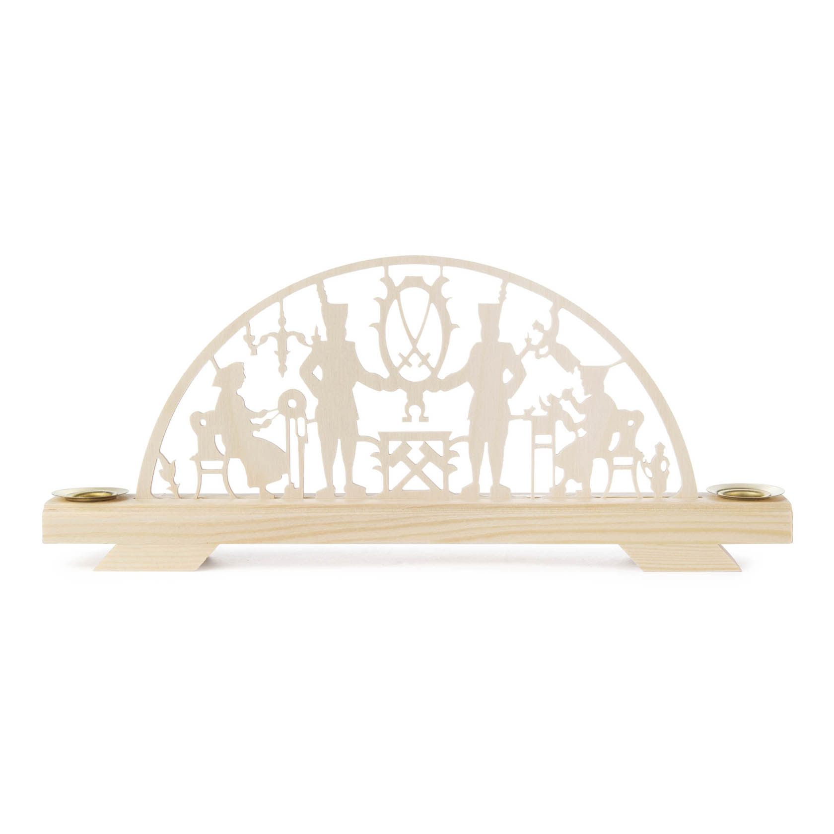 Traditioneller Schwibbogen mit einem Schwarzenberger Motiv, das zwei Bergleute bei der Arbeit zeigt, aus hellem Holz geschnitzt. im Dregeno Online Shop günstig kaufen