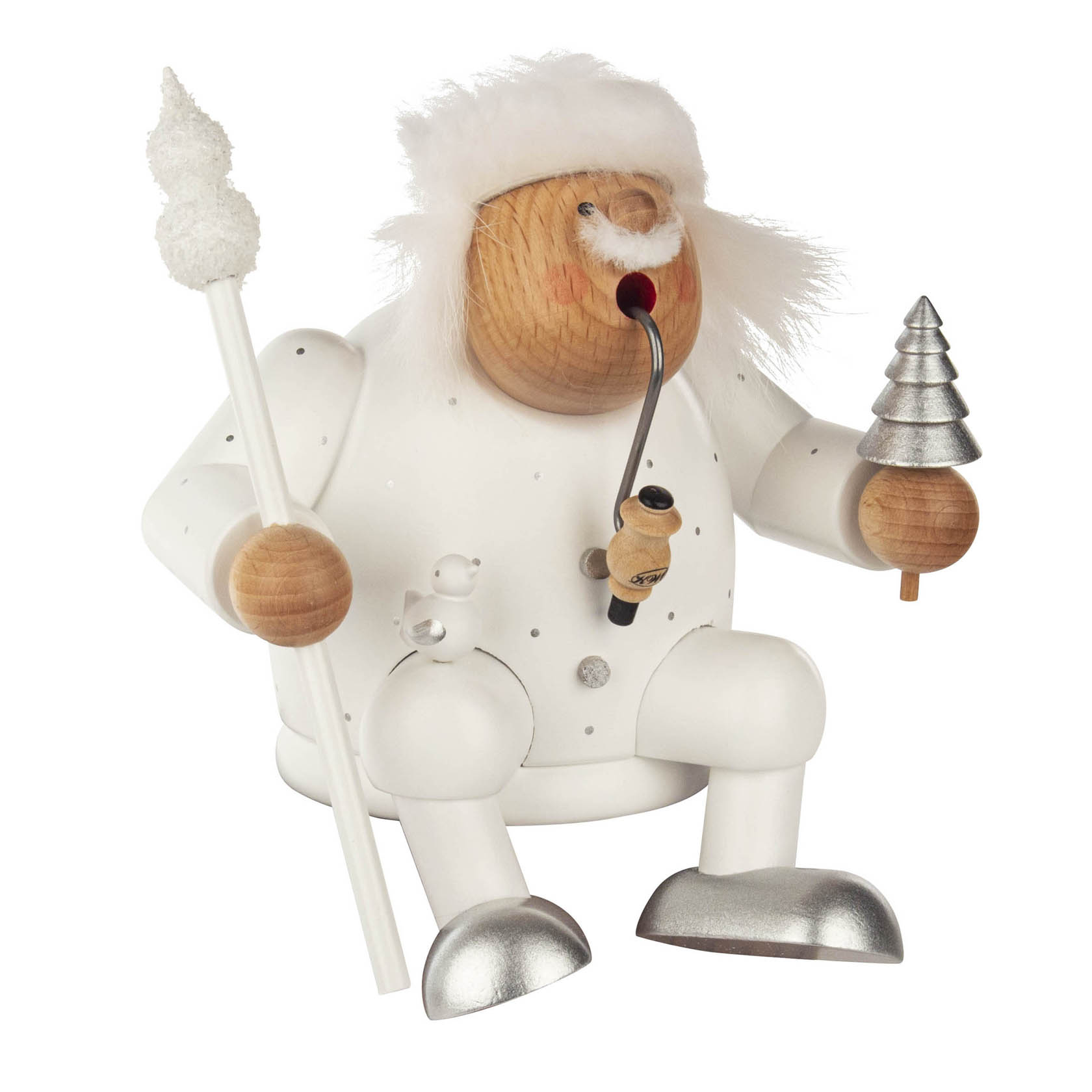 Wooden figurine of Father Frost as a smoker incense burner, sitting with a pipe and holding a white staff and silver tree. im Dregeno Online Shop günstig kaufen