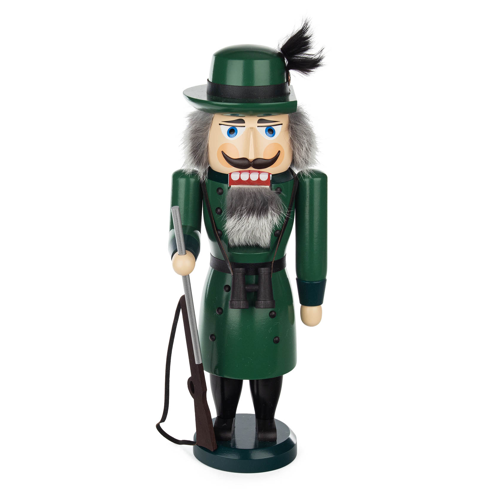 Nussknacker in Försteruniform, 35 cm groß, mit grünem Hut und Mantel, Gewehr in der Hand, Bart und schwarzen Stiefeln. im Dregeno Online Shop günstig kaufen