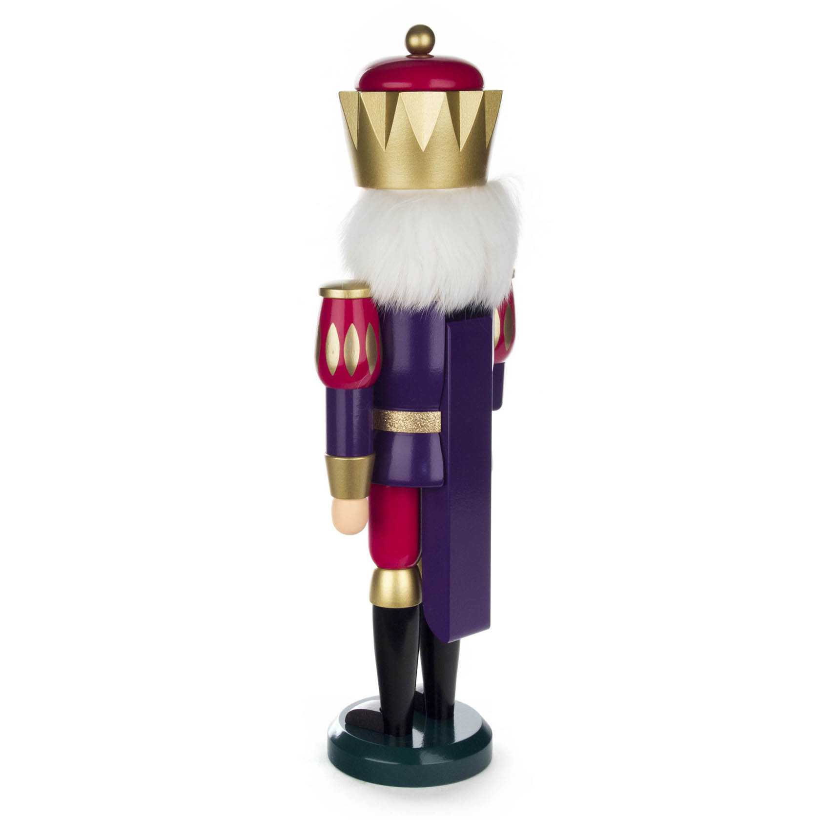Side view of a 40cm tall nutcracker figurine dressed as a king, with indigo and raspberry colors, adorned with gold accents and a tall crown.