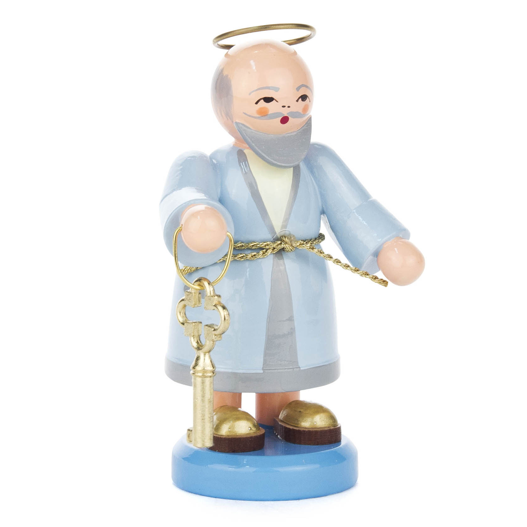 Holzfigur von Petrus in blauem Gewand mit Heiligenschein, grauem Bart und goldenen Schuhen, die einen goldenen Schlüssel mit Ring hält. im Dregeno Online Shop günstig kaufen