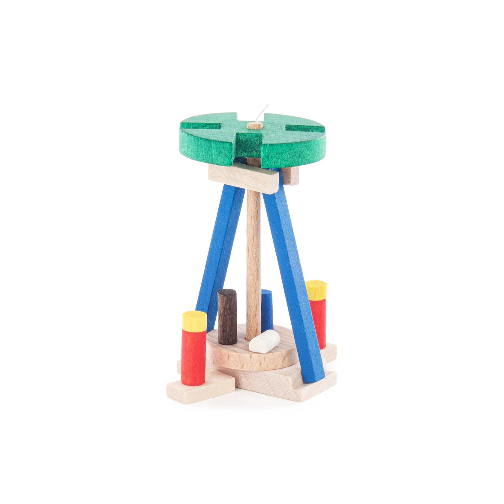Eine kleine Weihnachtspyramide aus Holz in Form einer Zündholzschachtel. Sie hat drei blaue Beine, eine grüne Plattform und vier bunte Holzkerzen. im Dregeno Online Shop günstig kaufen