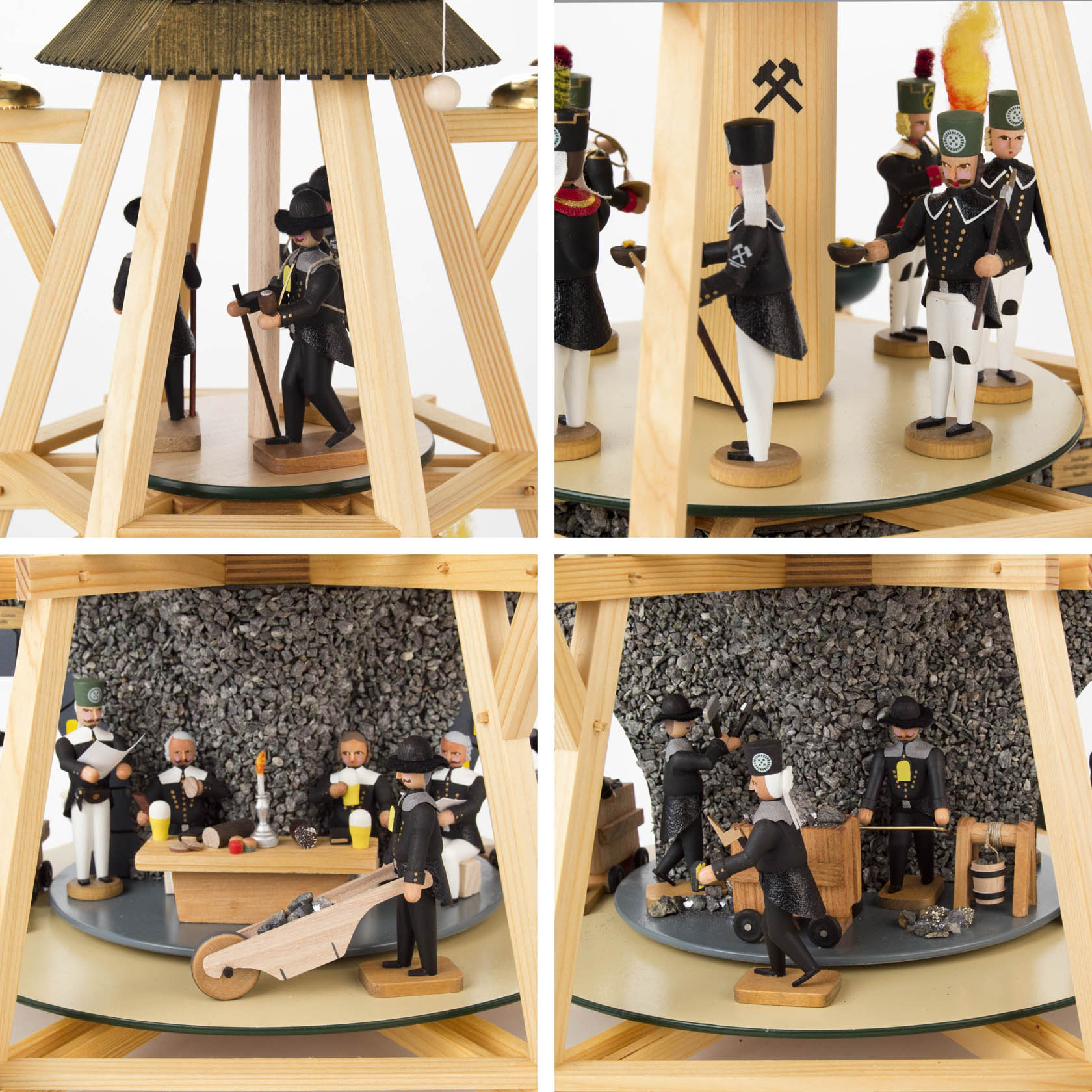 Dreistöckige Göpelpyramide aus Holz mit Bergbaufiguren auf jeder Ebene. Unterfiguren in schwarzer Montur mit Werkzeugen, über einer Schicht aus silbrigem Erz.