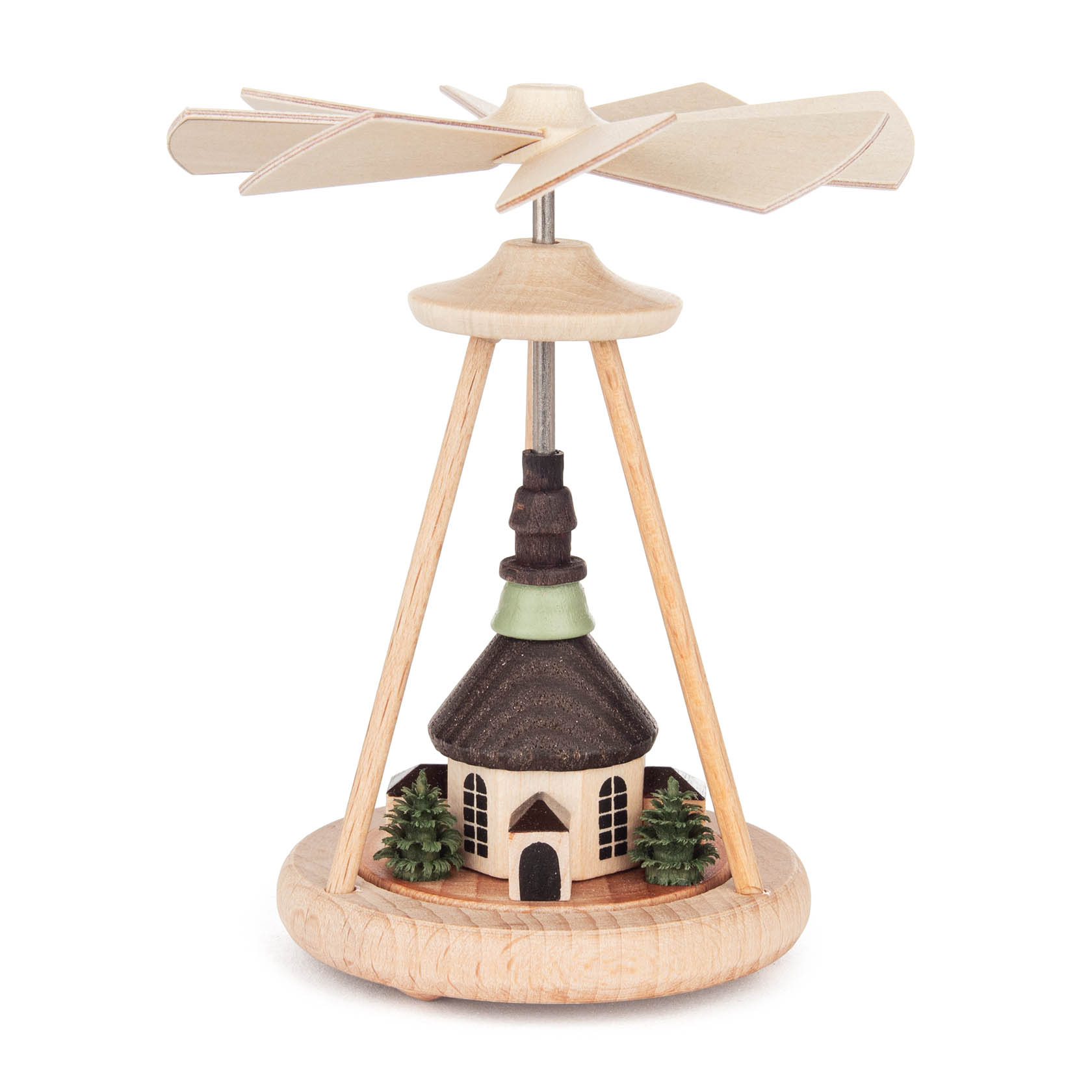 Holz-Weihnachtspyramide mit drehbarem Flügelrad, dargestellt ist die Seiffener Kirche mit vier kleinen Bäumen auf einem runden Sockel. im Dregeno Online Shop günstig kaufen