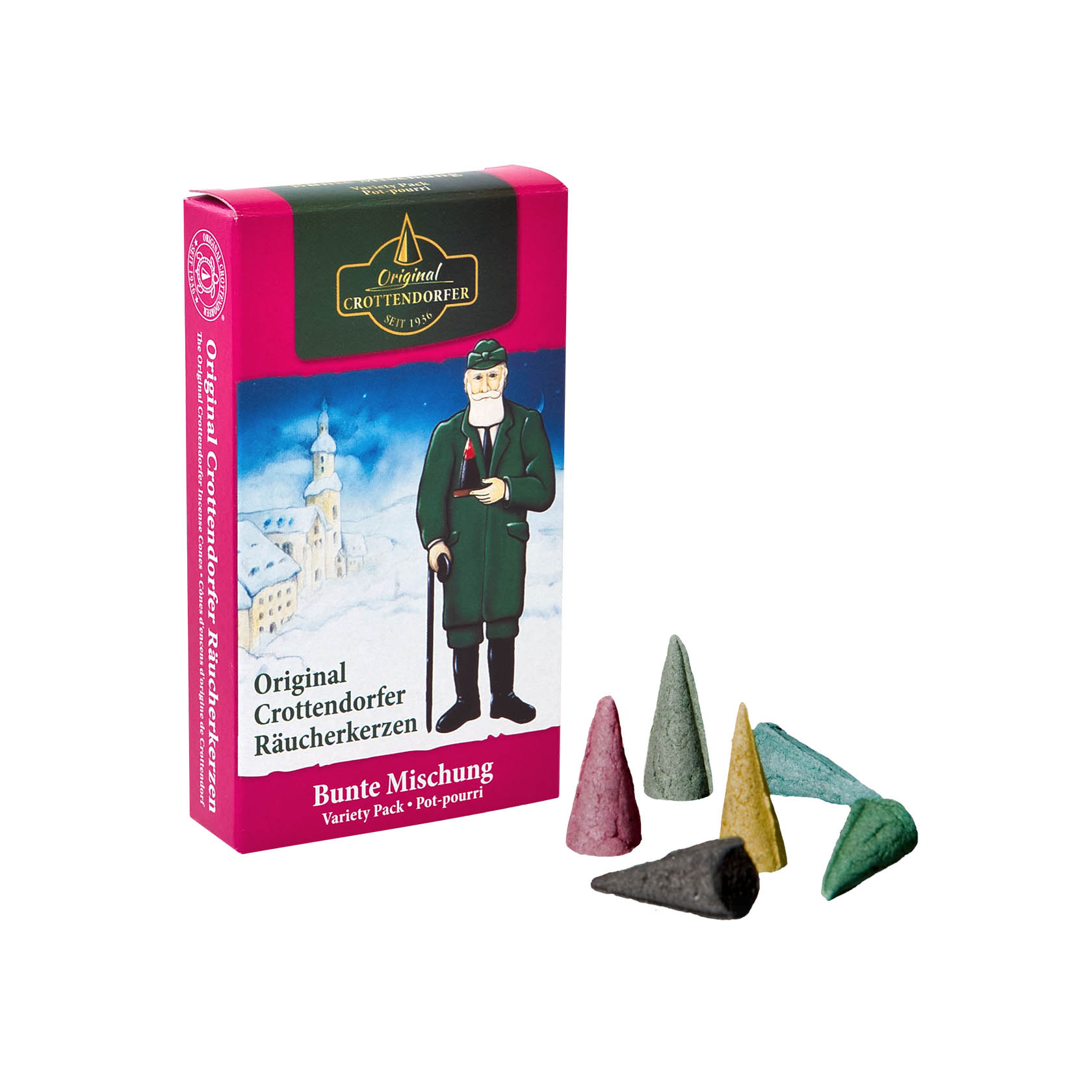 Eine Verpackung Crottendorfer Räucherkerzen mit mehreren bunten Räucherkerzen in Kegelform davor. Ein Mann in traditioneller Kleidung ist auf der Packung abgebildet. im Dregeno Online Shop günstig kaufen