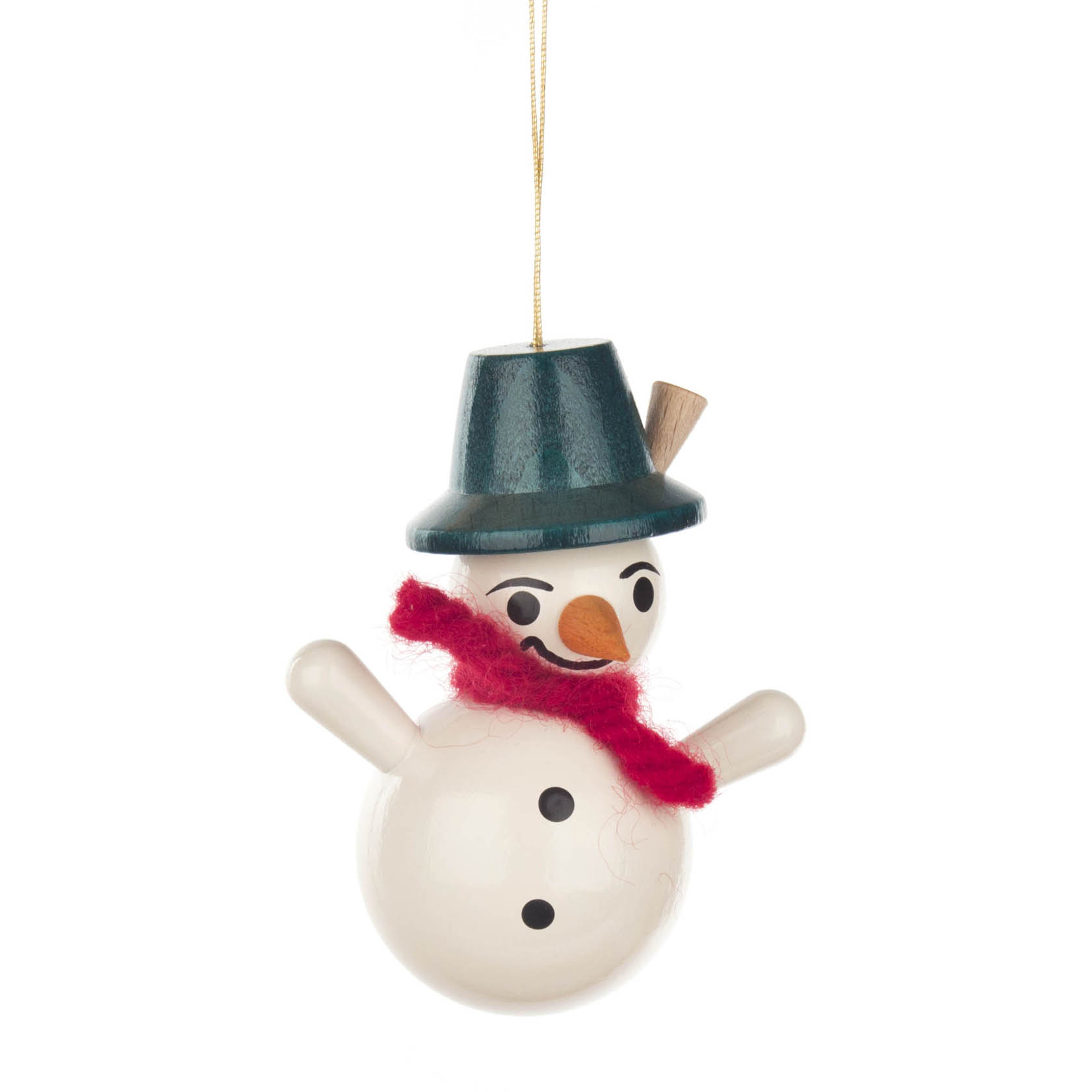 Ein lächelnder Schneemann-Anhänger mit einem schwarzen Hut, einer Karottennase und einem roten Schal. im Dregeno Online Shop günstig kaufen