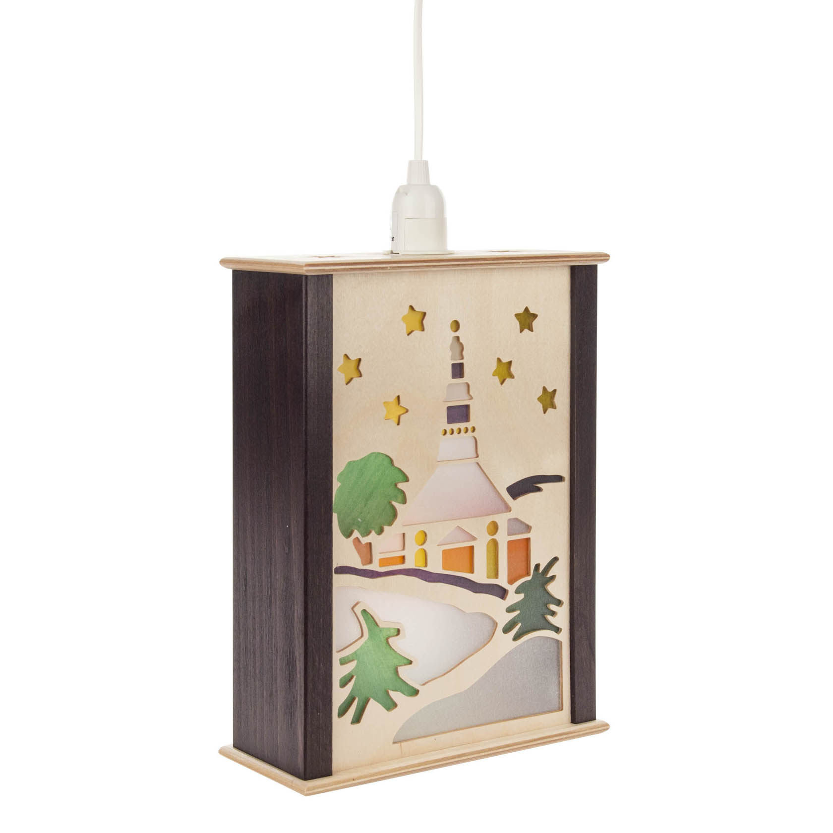 Holzlaterne mit Motiv der Seiffener Kirche und Lichterengel, verziert mit Sternen. Die Laterne ist beleuchtet und zeigt Detailarbeit in buntem Holz.