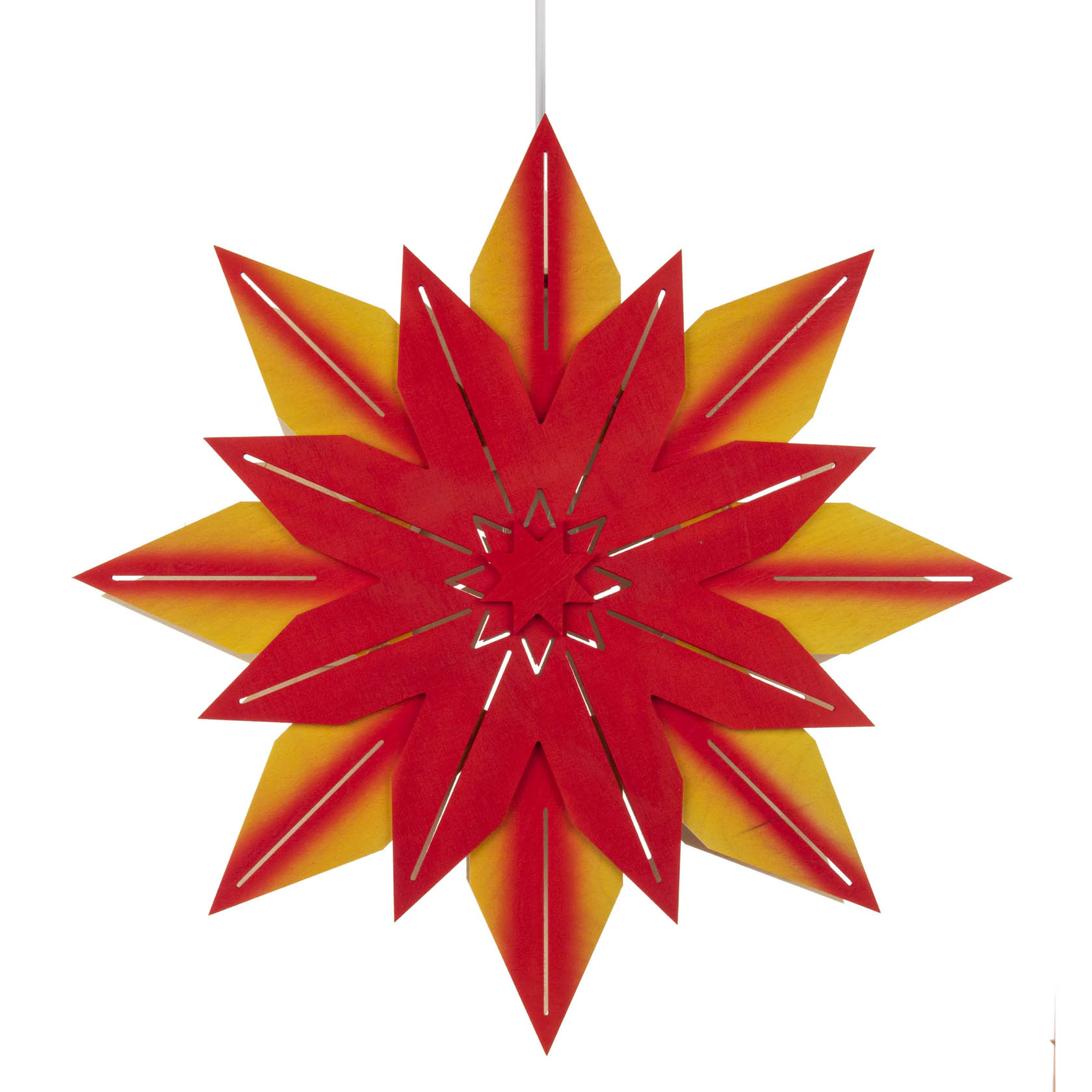 Gelb-roter Weihnachtstern mit elektrischer Beleuchtung, bestehend aus mehreren Schichten mit einem symmetrischen, sternförmigen Muster. im Dregeno Online Shop günstig kaufen