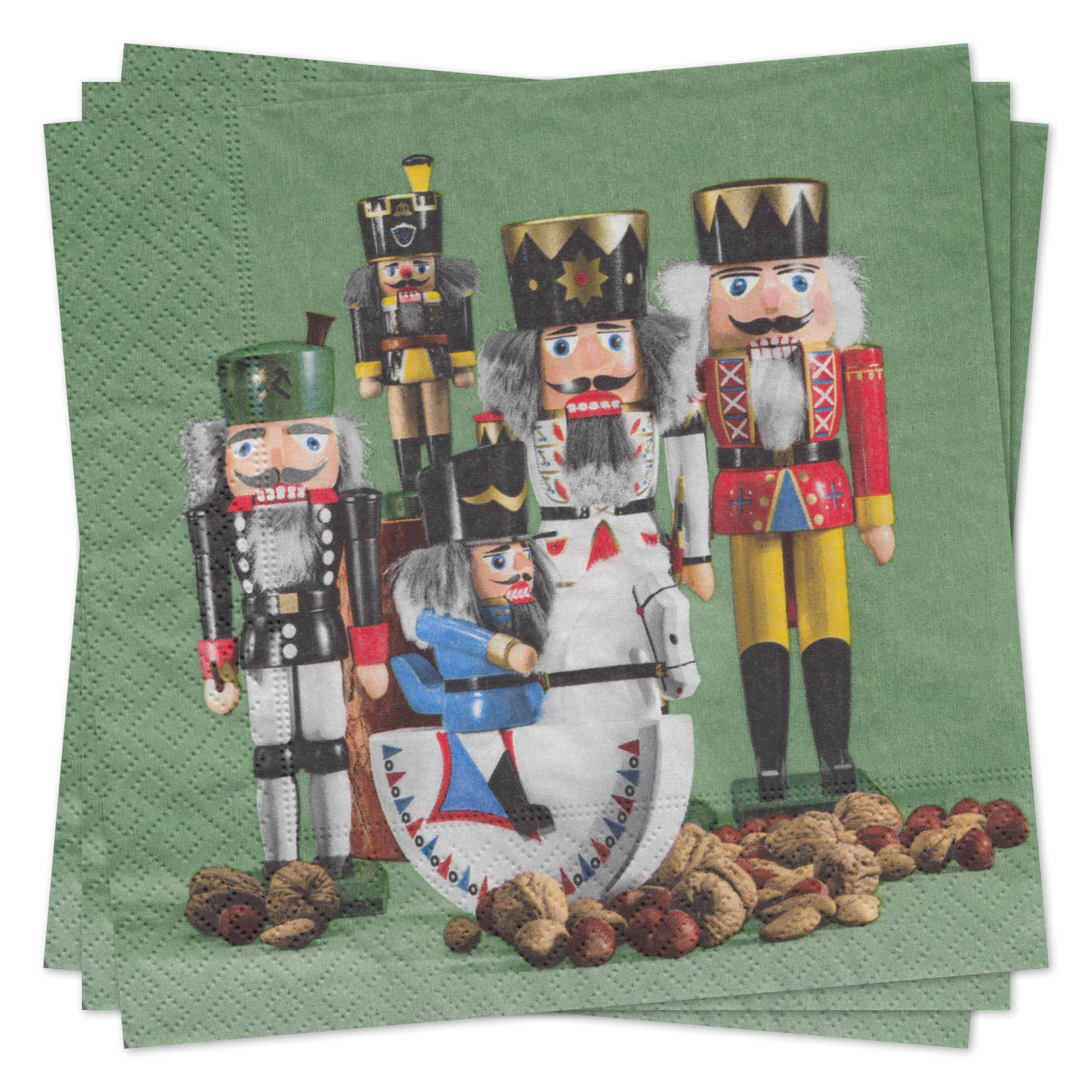 Vier bunte Nussknackerfiguren in traditioneller Kleidung stehen auf grüner Serviette, umgeben von echten Walnüssen. Eine Figur reitet auf einem weißen Schaukelpferd. im Dregeno Online Shop günstig kaufen