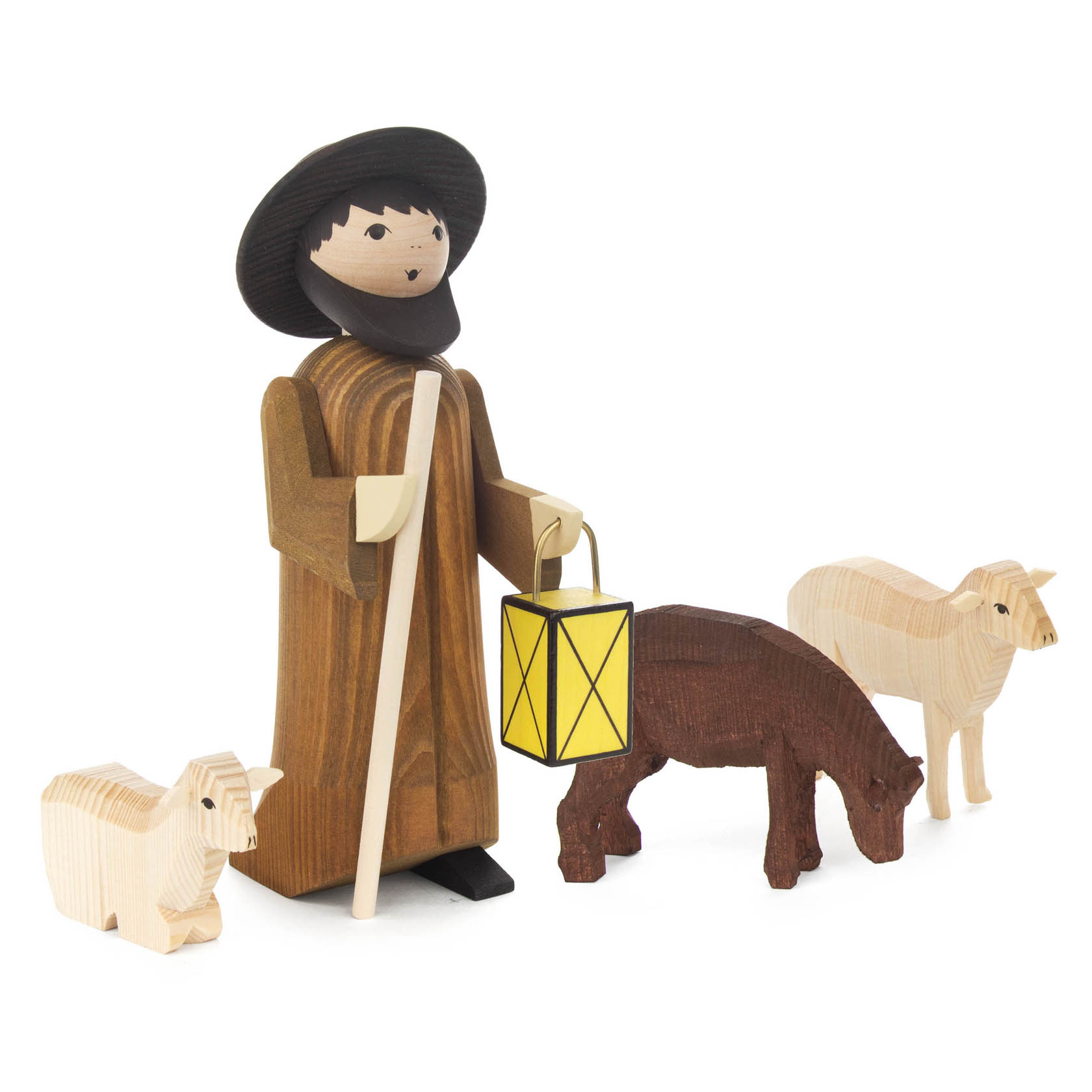 Holzfigur eines Hirten mit einem schwarzen Hut und einem braunen Stock, begleitet von drei verschiedenfarbigen Schafen. Der Hirte hält eine gelbe Laterne. im Dregeno Online Shop günstig kaufen